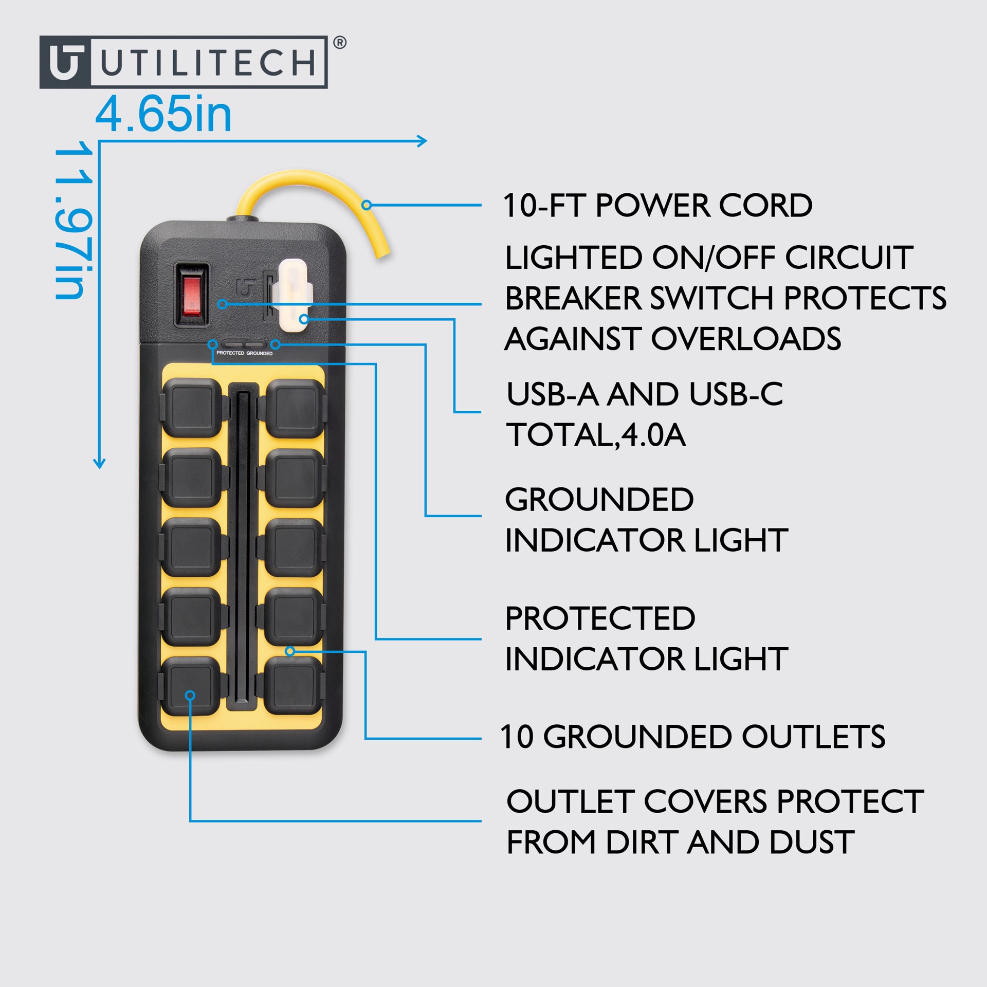 slide 5 of 5, Utilitech 10-ft 10 -Outlet 4500 Joules 1875 -Watts 1875VA Black Indoor USB AC Surge Protector, 1 ct