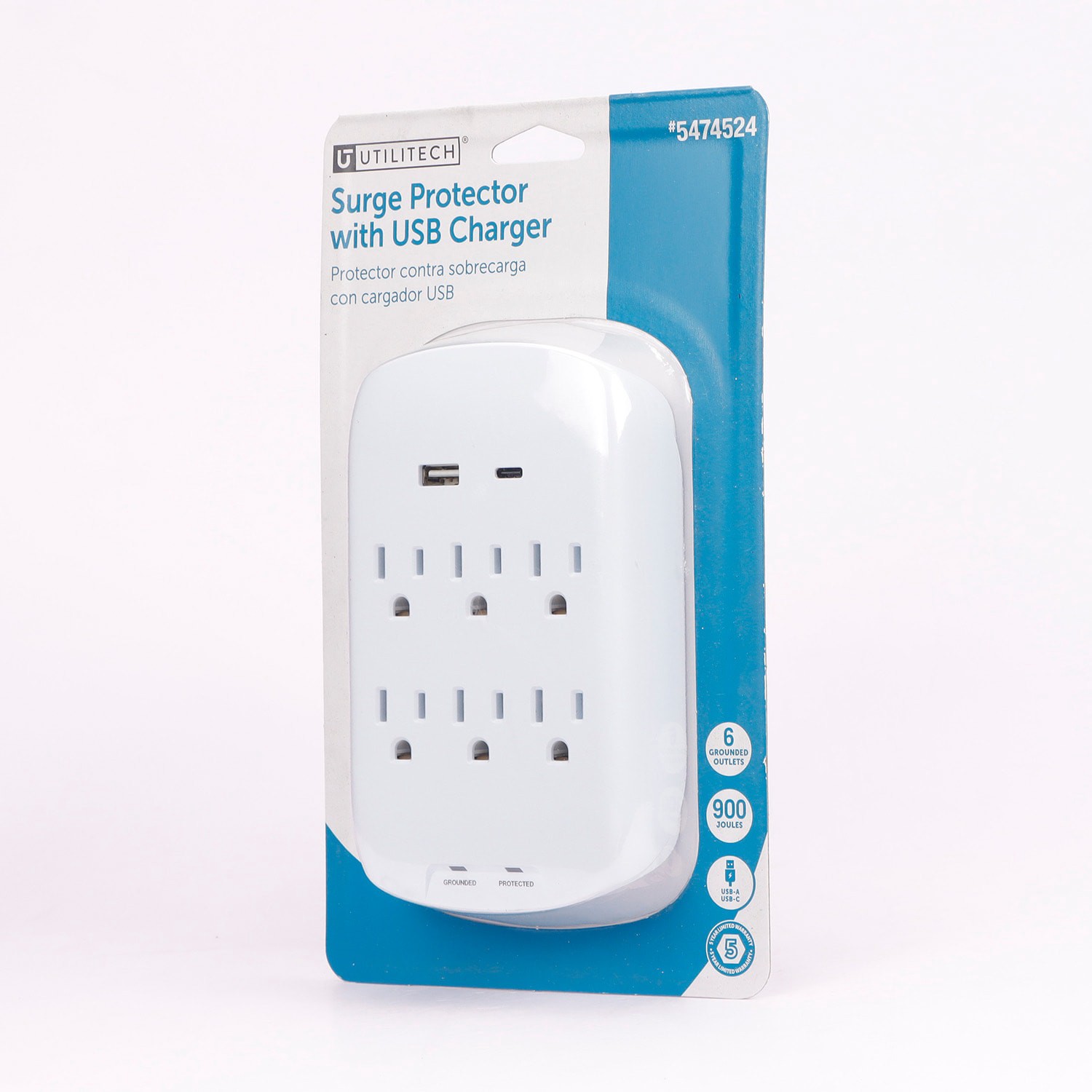 slide 2 of 6, Utilitech 6 -Outlet 900 Joules 1875 -Watts 1875VA White Indoor USB AC Surge Protector, 1 ct