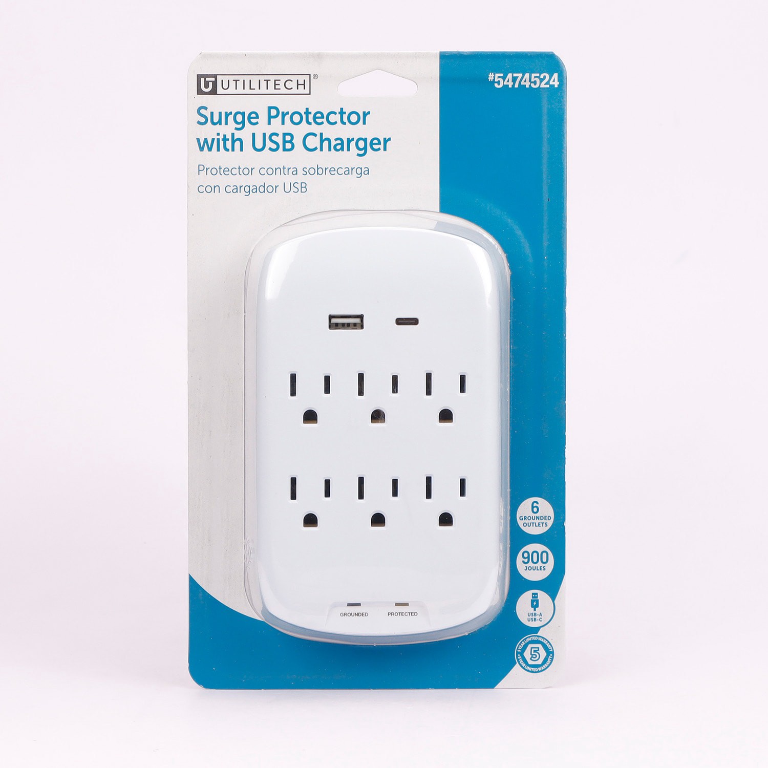 slide 4 of 6, Utilitech 6 -Outlet 900 Joules 1875 -Watts 1875VA White Indoor USB AC Surge Protector, 1 ct