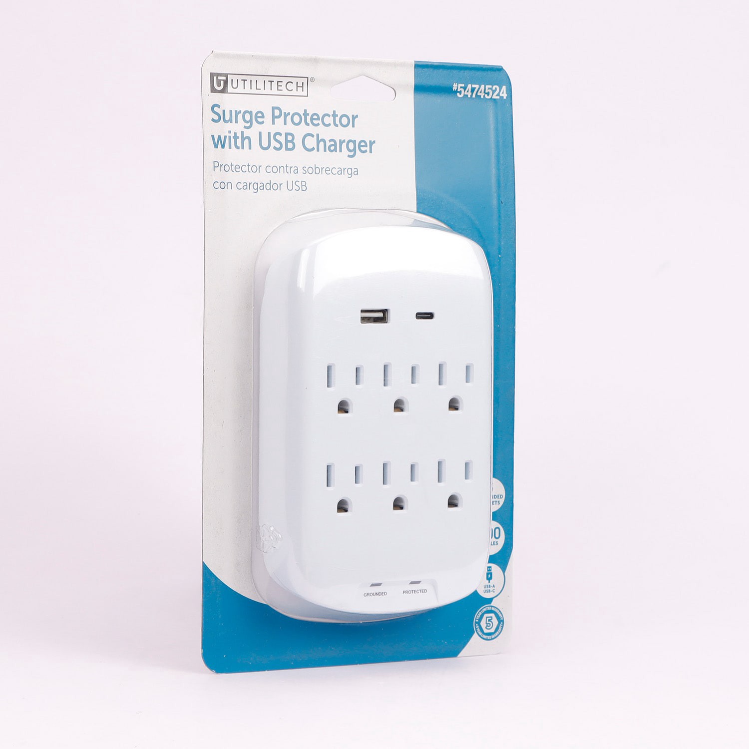 slide 5 of 6, Utilitech 6 -Outlet 900 Joules 1875 -Watts 1875VA White Indoor USB AC Surge Protector, 1 ct