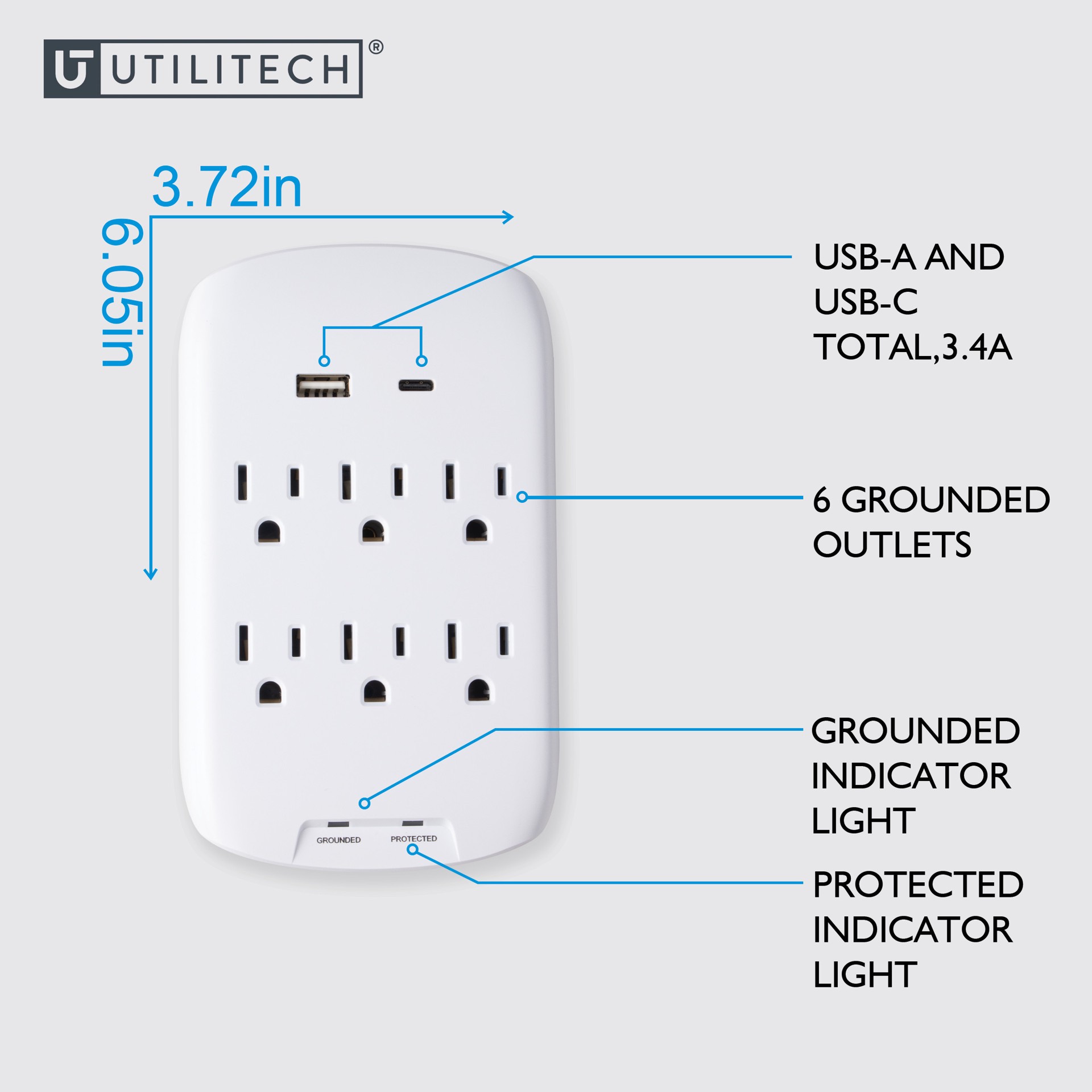 slide 6 of 6, Utilitech 6 -Outlet 900 Joules 1875 -Watts 1875VA White Indoor USB AC Surge Protector, 1 ct