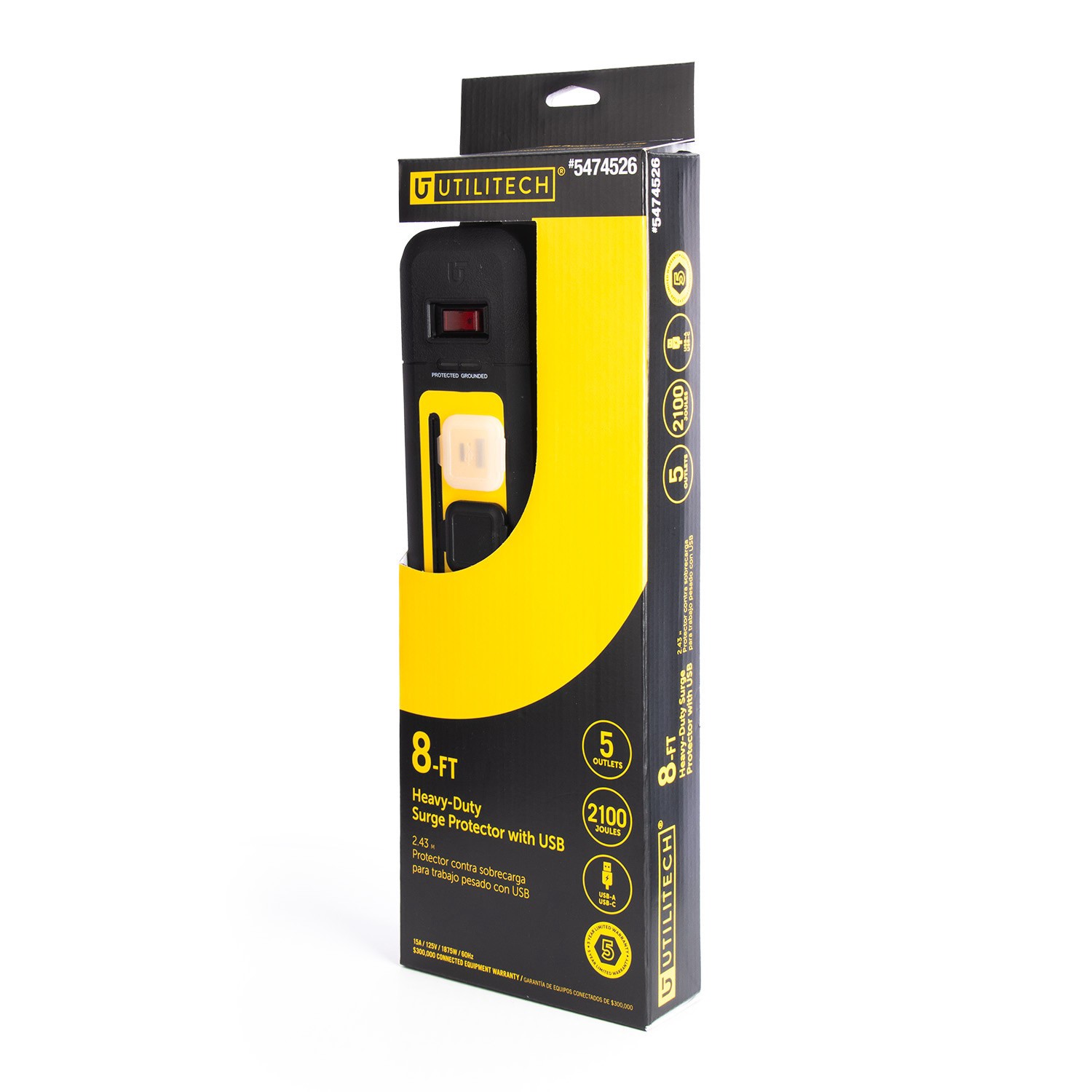 slide 2 of 5, Utilitech 8-ft 5 -Outlet 2250 Joules 1875 -Watts 1875VA Multiple colors/finishes Indoor USB AC Surge Protector, 1 ct