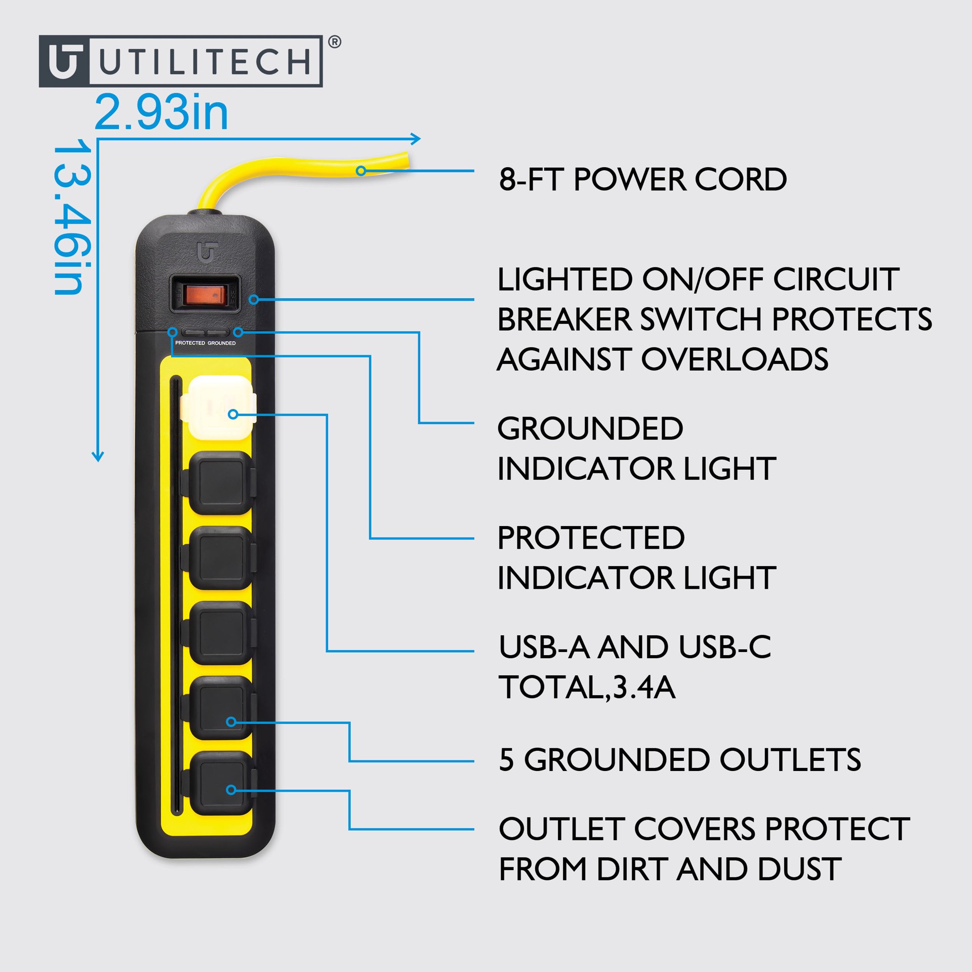 slide 5 of 5, Utilitech 8-ft 5 -Outlet 2250 Joules 1875 -Watts 1875VA Multiple colors/finishes Indoor USB AC Surge Protector, 1 ct