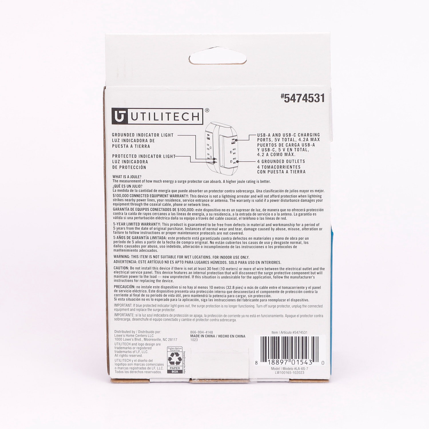 slide 2 of 5, Utilitech 4 -Outlet 500 Joules 1875 -Watts 1875VA White Indoor USB AC Surge Protector, 1 ct