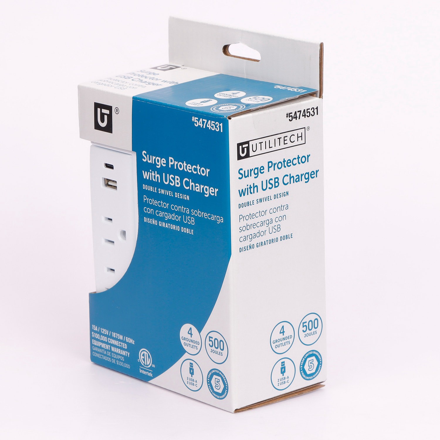 slide 3 of 5, Utilitech 4 -Outlet 500 Joules 1875 -Watts 1875VA White Indoor USB AC Surge Protector, 1 ct