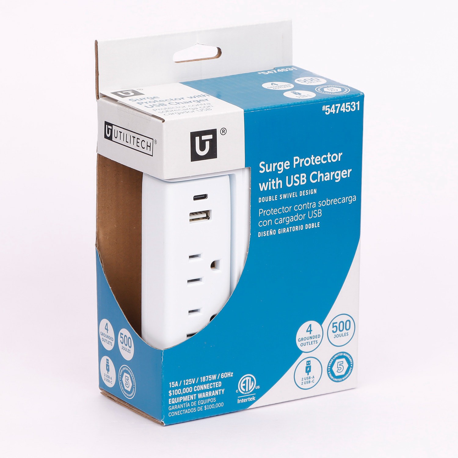 slide 4 of 5, Utilitech 4 -Outlet 500 Joules 1875 -Watts 1875VA White Indoor USB AC Surge Protector, 1 ct