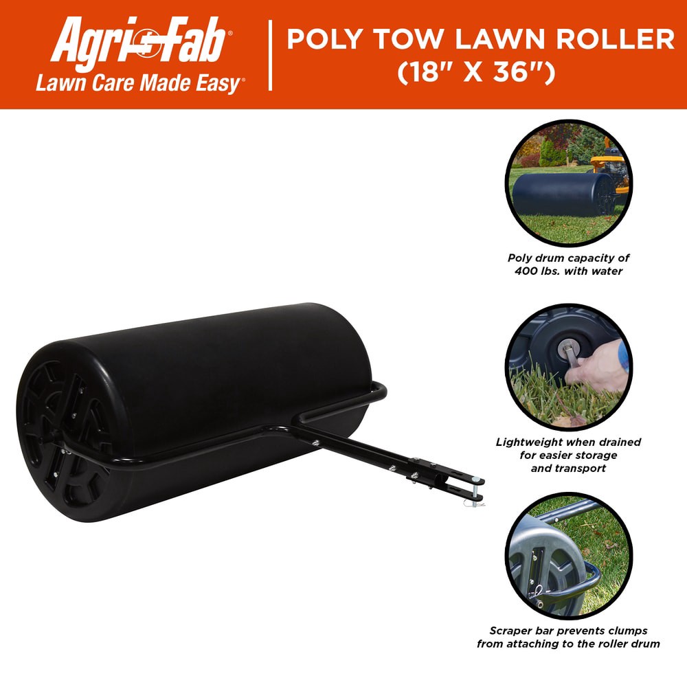 slide 2 of 6, Agri-Fab This 18-in x 36-in Poly Tow Lawn Roller Is Perfect For Flattening Your Yard From The Effects Of Moles, Gophers, Yard Pests and Frost Heave In Northern Climates. Fill The Drum with Water Up To 400 Pounds To Flatten The High Spots On Your Lawn., 1 ct