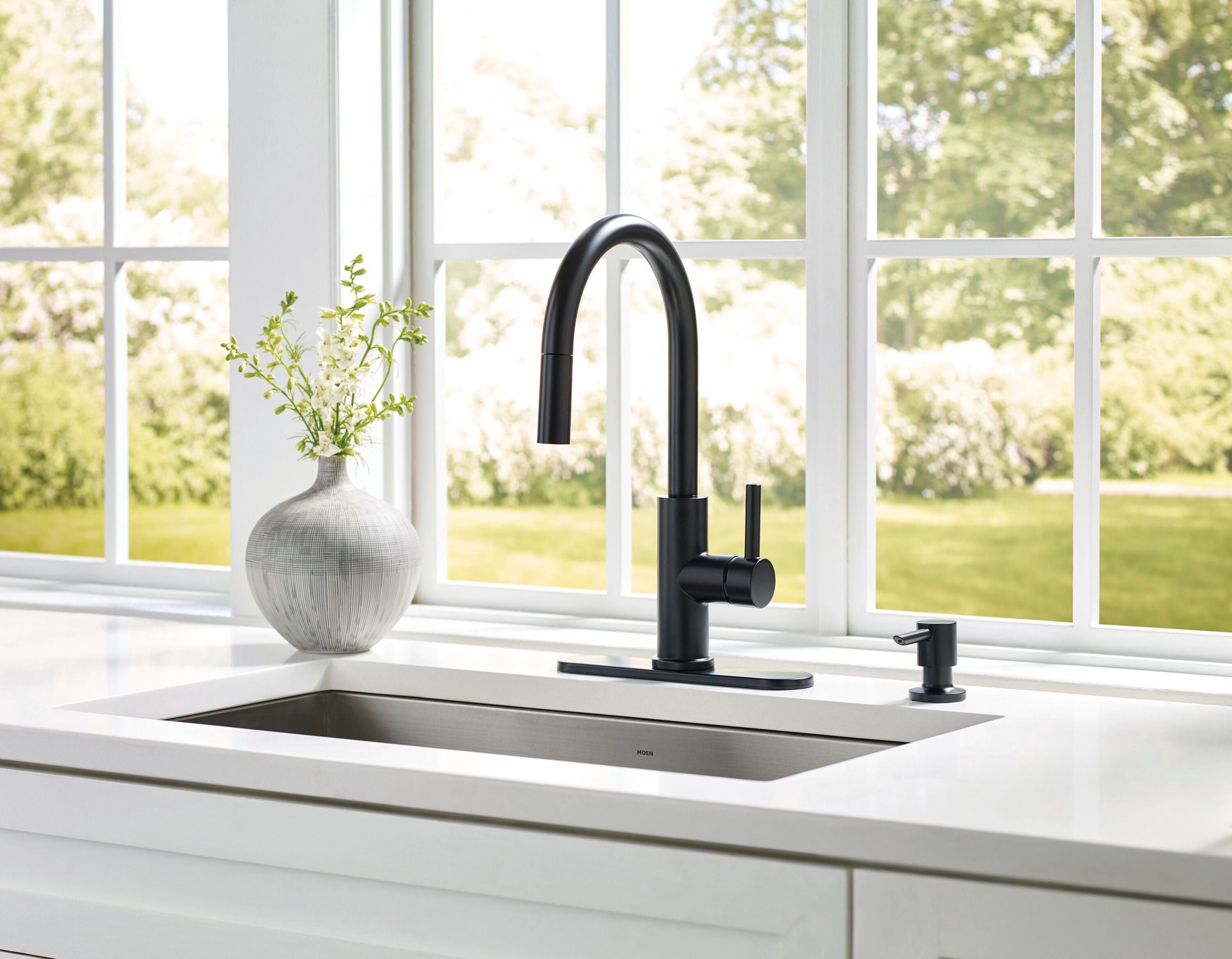 slide 6 of 6, allen + roth Harlow Simplefit Matte Black Single Handle Deck-mount Pull-down Kitchen Faucet with Sprayer (Includes Deck Plate) (Includes Soap Dispenser), 1 ct