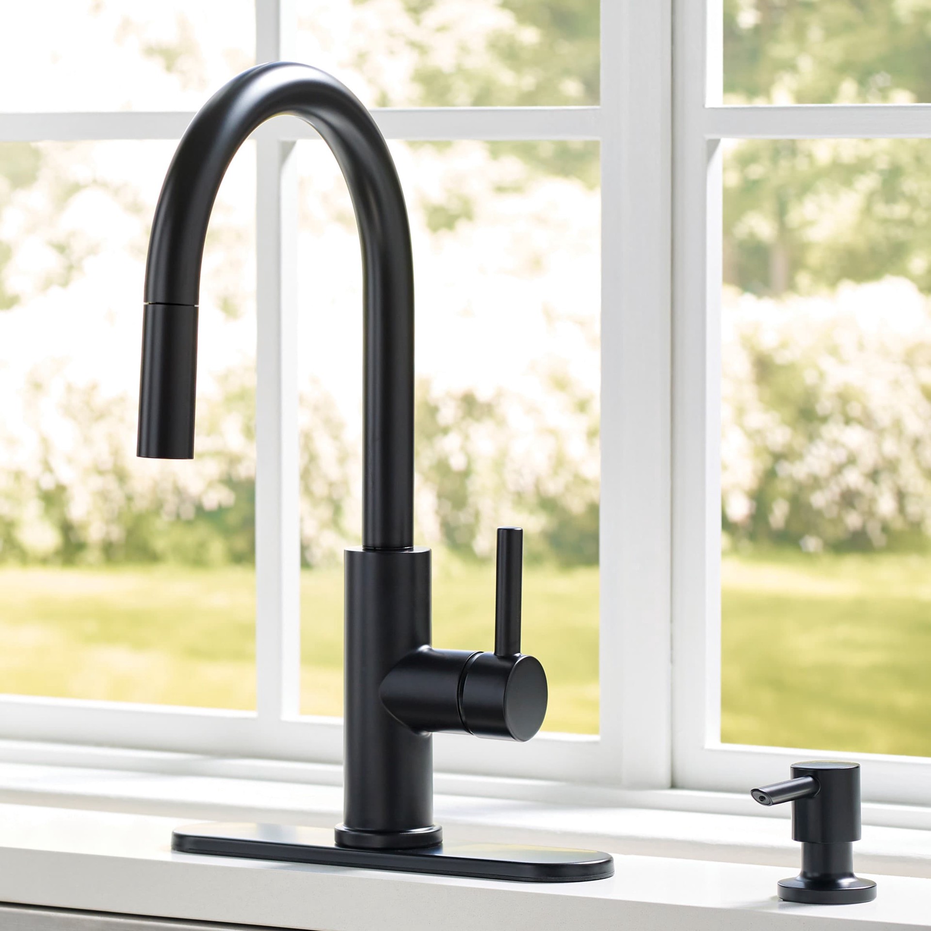 slide 1 of 6, allen + roth Harlow Simplefit Matte Black Single Handle Deck-mount Pull-down Kitchen Faucet with Sprayer (Includes Deck Plate) (Includes Soap Dispenser), 1 ct