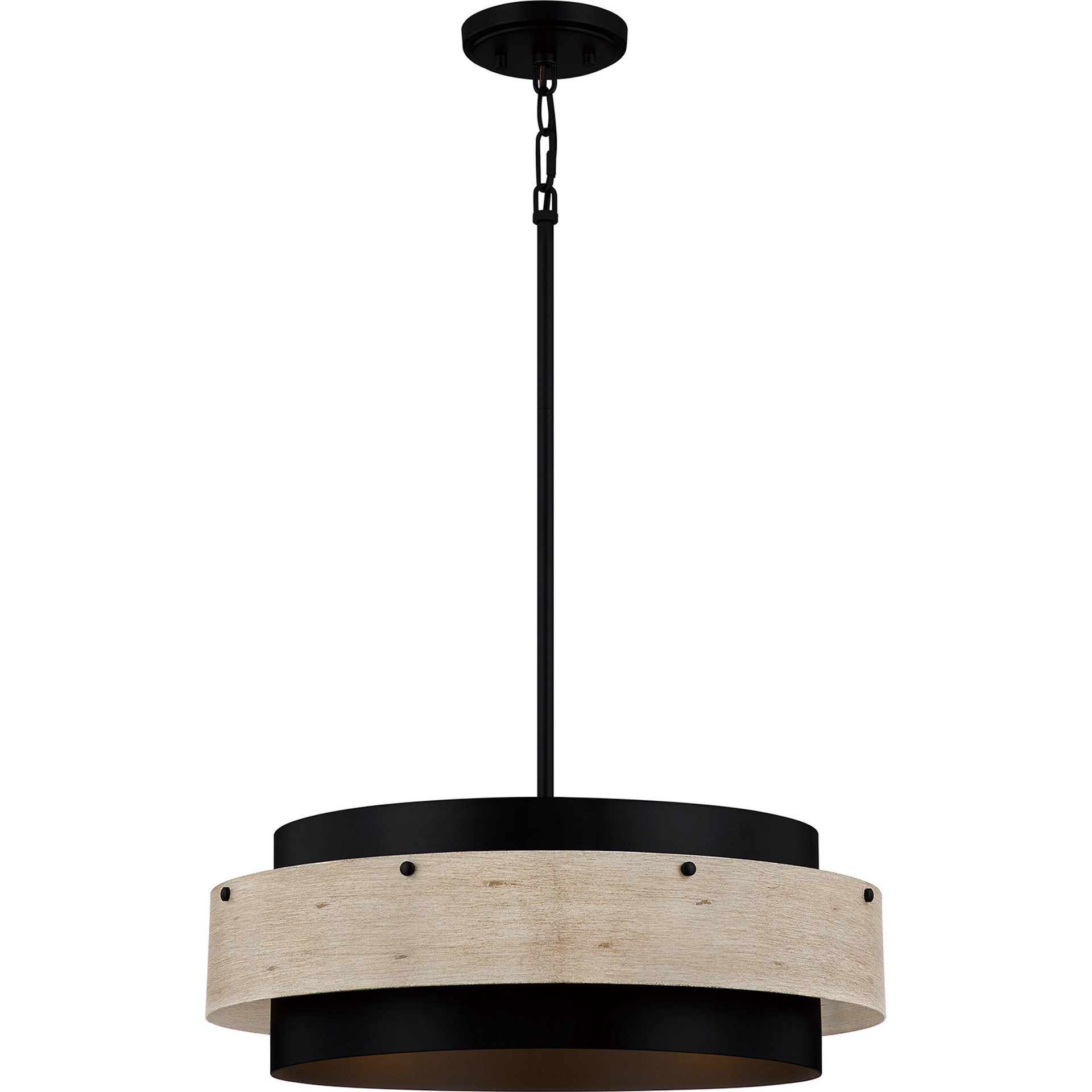 slide 2 of 6, Quoizel Ainsley 4 -Light Matte Black with Faux Wood Transitional Drum Medium Hanging Pendant light, 1 ct