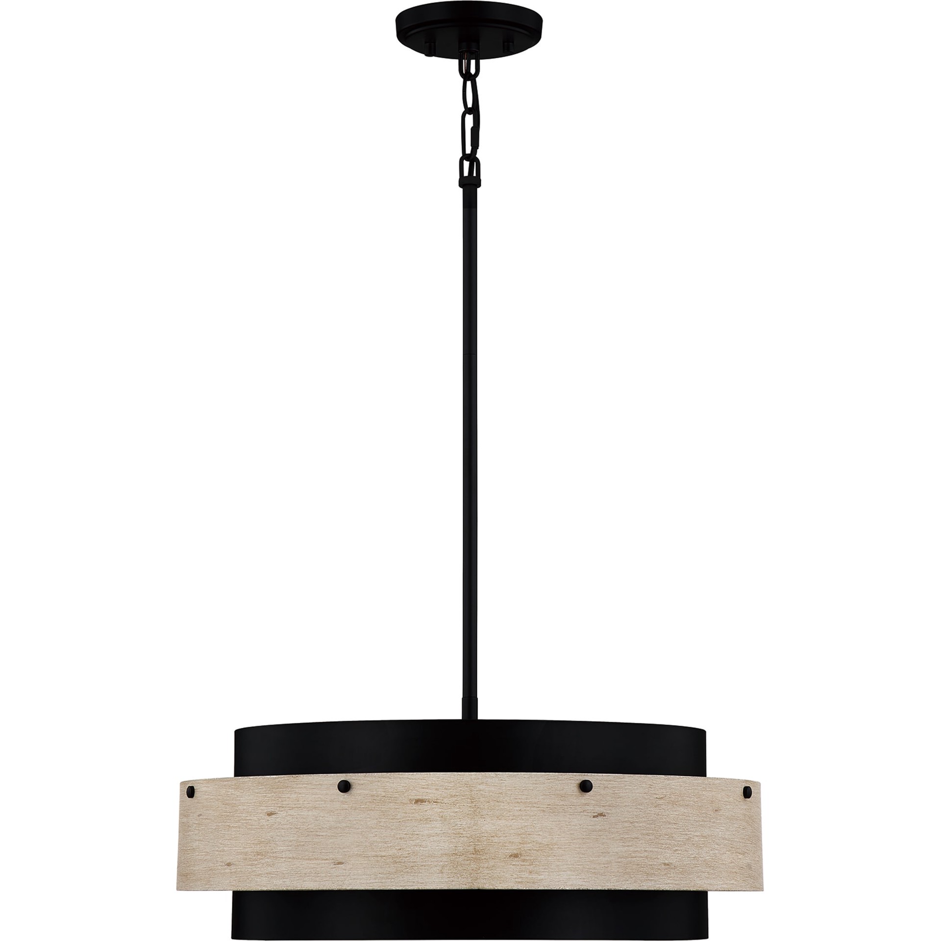 slide 3 of 6, Quoizel Ainsley 4 -Light Matte Black with Faux Wood Transitional Drum Medium Hanging Pendant light, 1 ct