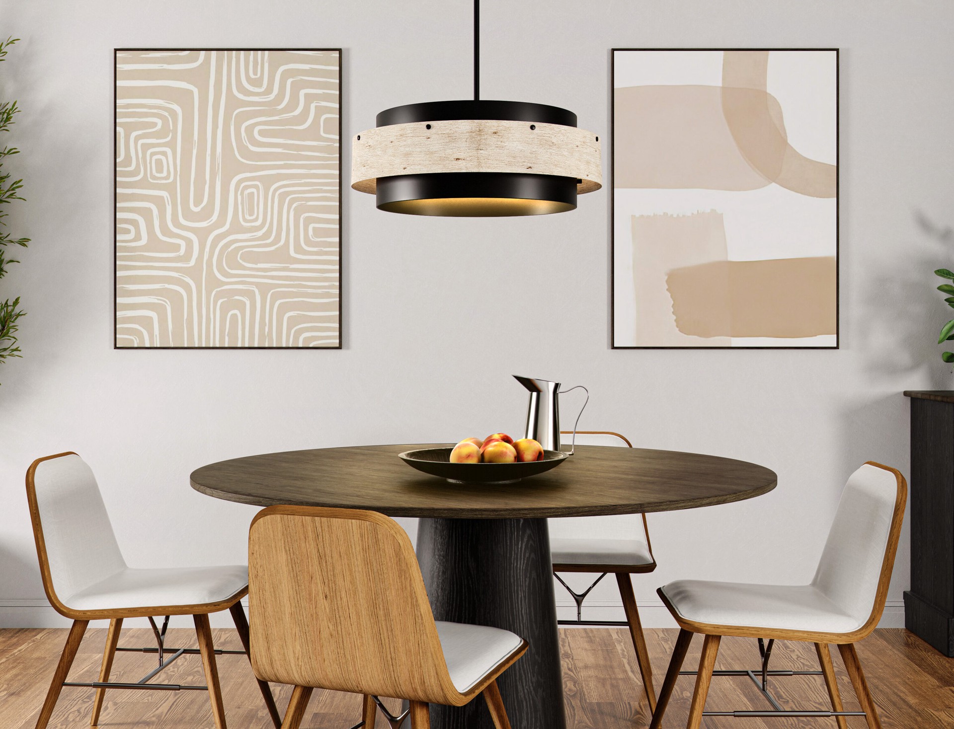 slide 4 of 6, Quoizel Ainsley 4 -Light Matte Black with Faux Wood Transitional Drum Medium Hanging Pendant light, 1 ct