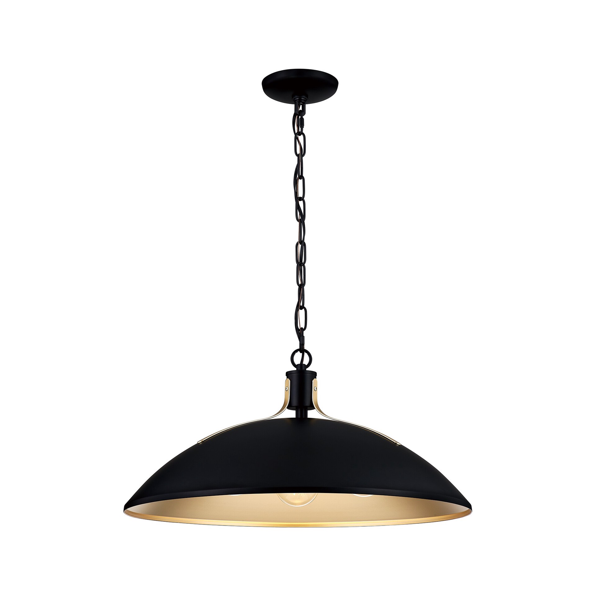 slide 2 of 6, Quoizel Lassen 3 -Light Matte Black and Nouveau Gold Modern/contemporary Metal Dome Medium Hanging Pendant Light, 1 ct