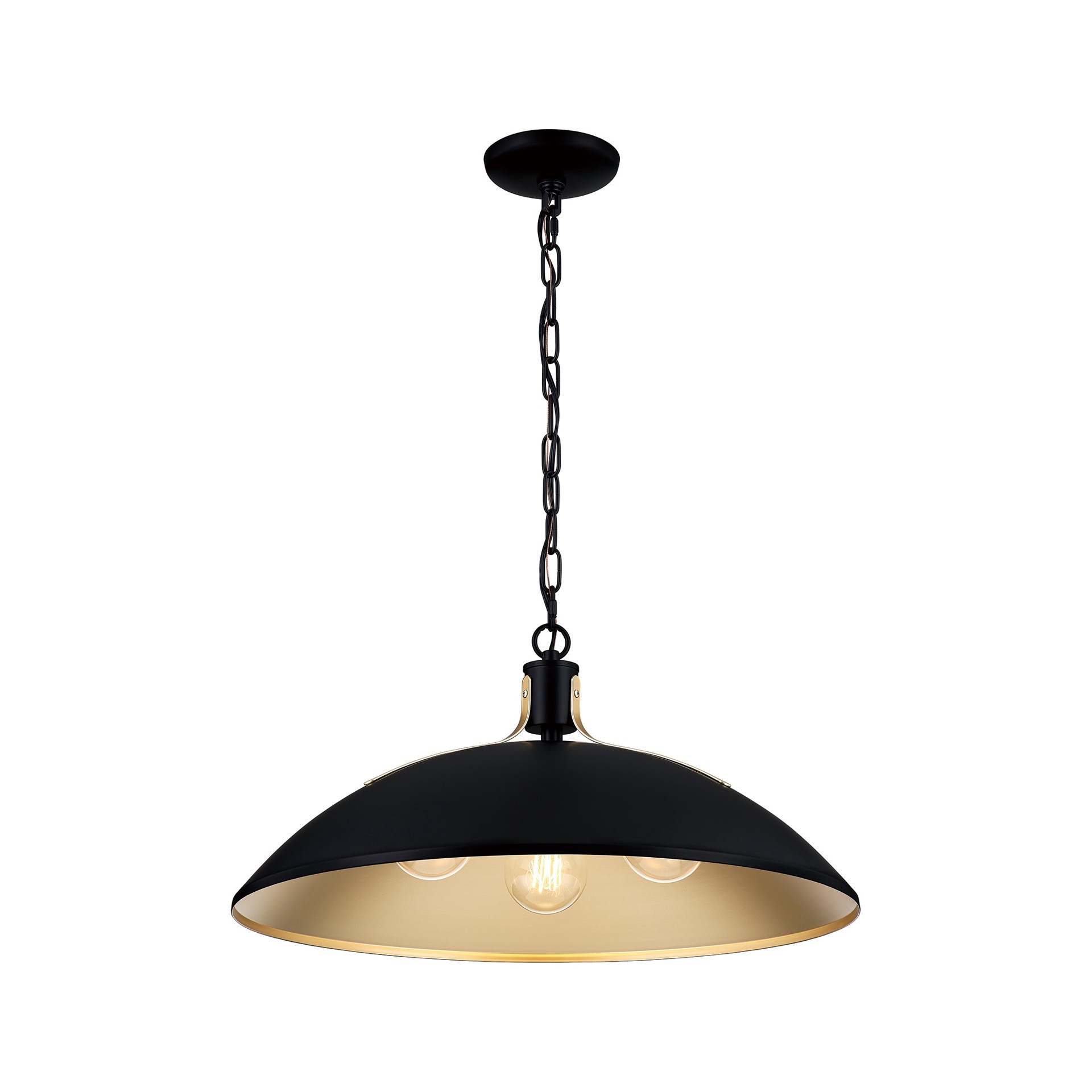 slide 3 of 6, Quoizel Lassen 3 -Light Matte Black and Nouveau Gold Modern/contemporary Metal Dome Medium Hanging Pendant Light, 1 ct