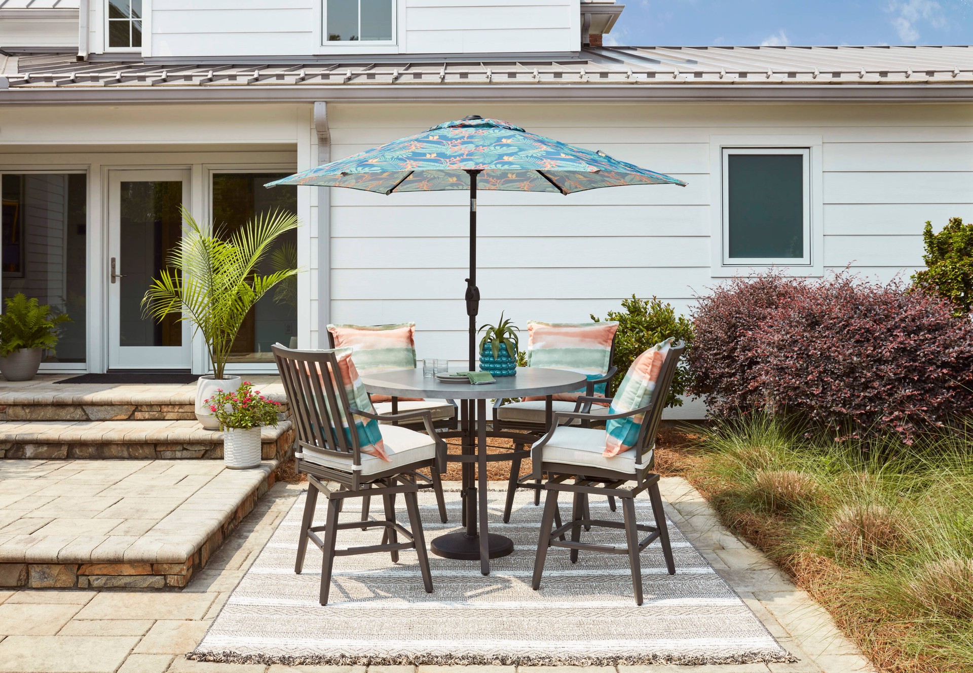 slide 5 of 6, Style Selections 7.5-ft Tropical Leaves Market Patio Umbrella, 1 ct