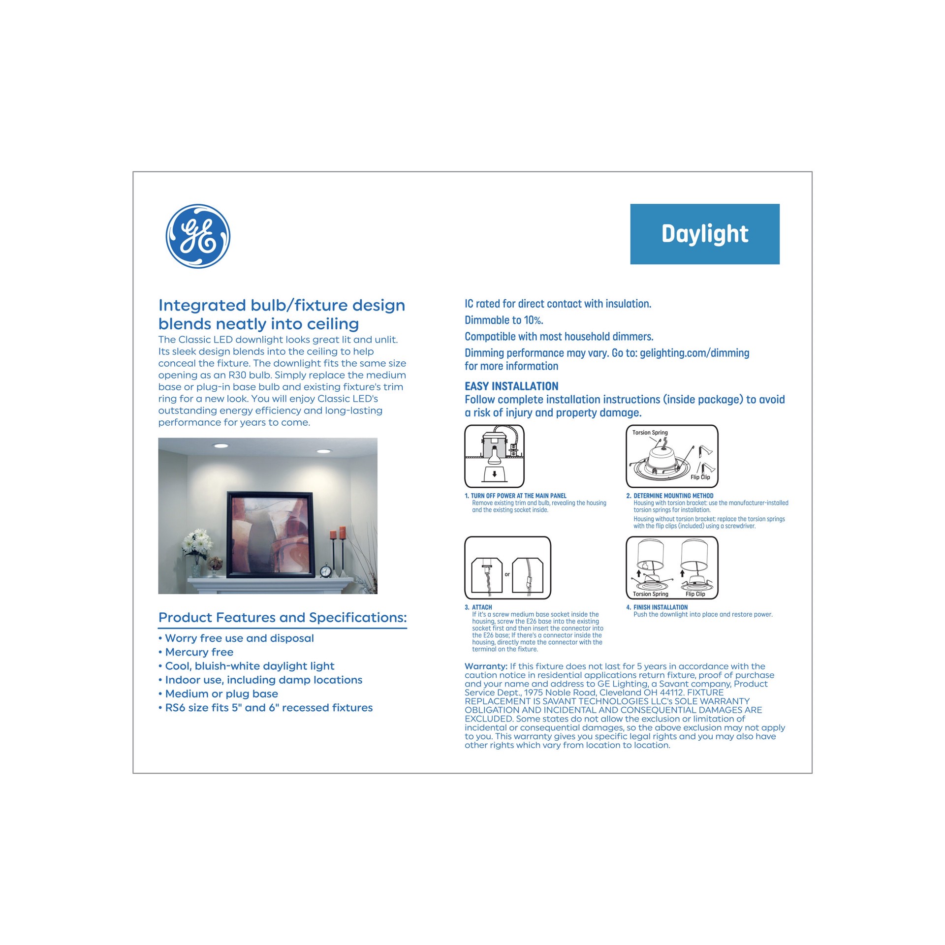 slide 4 of 6, GE Classic White 5-in or 6-in 700 -Lumens Daylight Round Dimmable LED Damp rated Recessed Downlight, 1 ct