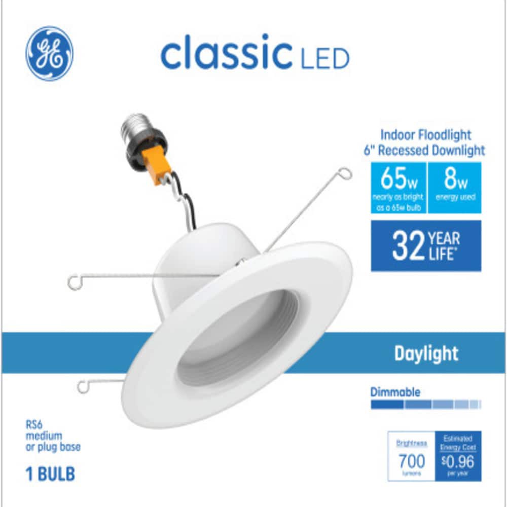 slide 1 of 6, GE Classic White 5-in or 6-in 700 -Lumens Daylight Round Dimmable LED Damp rated Recessed Downlight, 1 ct