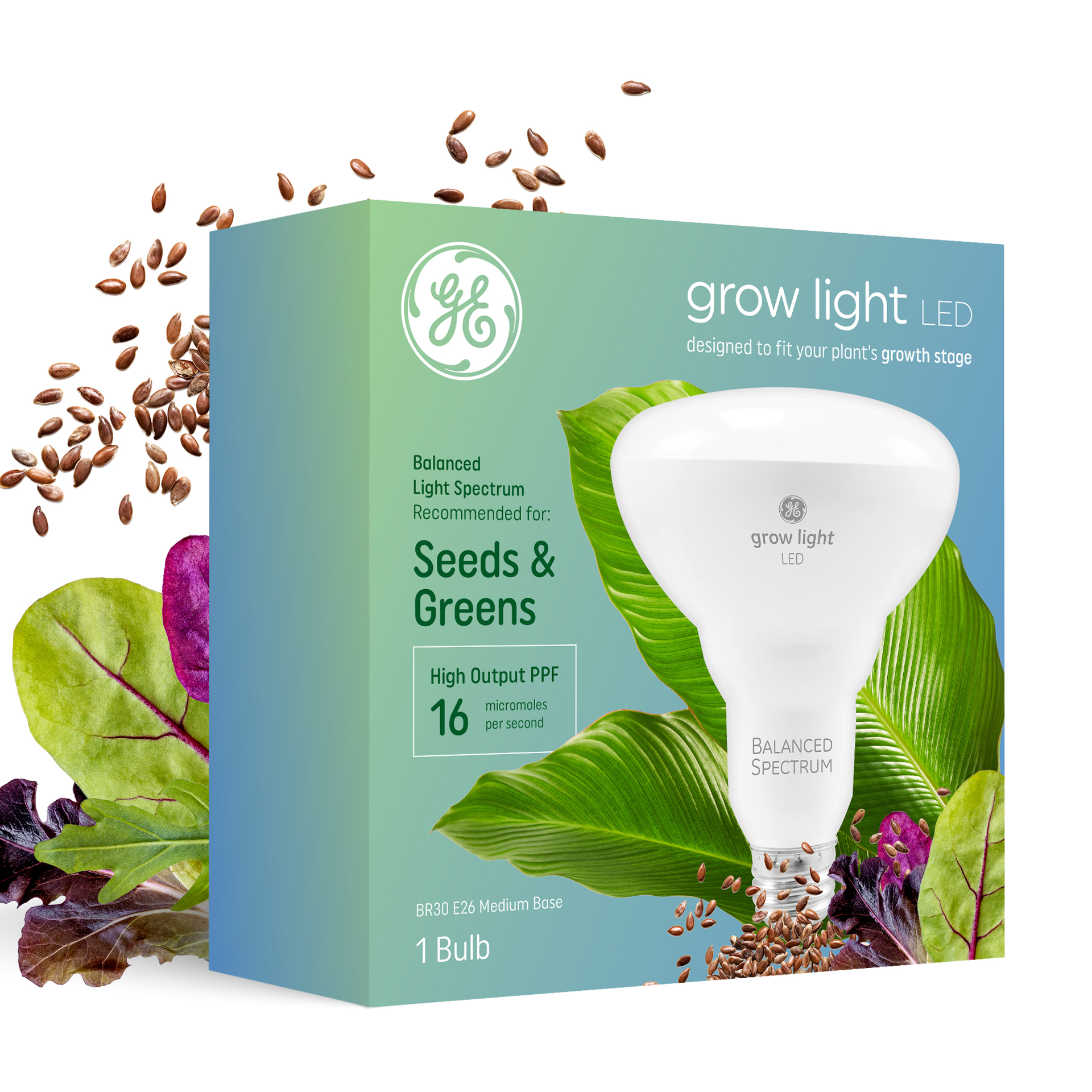 slide 1 of 6, GE Grow: Seeds Greens 9 -Watt EQ BR30 Balanced spectrum Medium base (E-26) LED Grow Light Bulb, 1 ct