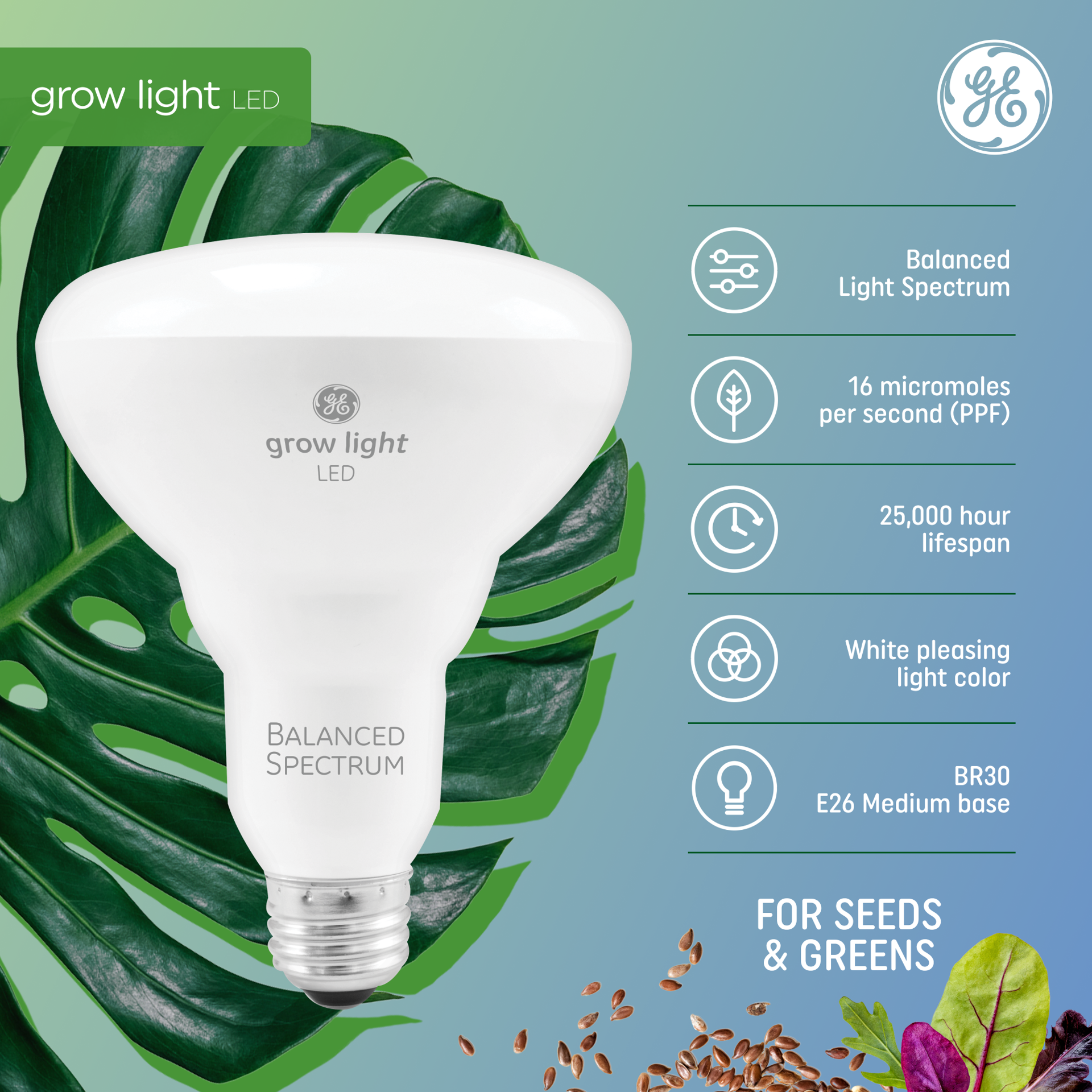 slide 3 of 6, GE Grow: Seeds Greens 9 -Watt EQ BR30 Balanced spectrum Medium base (E-26) LED Grow Light Bulb, 1 ct