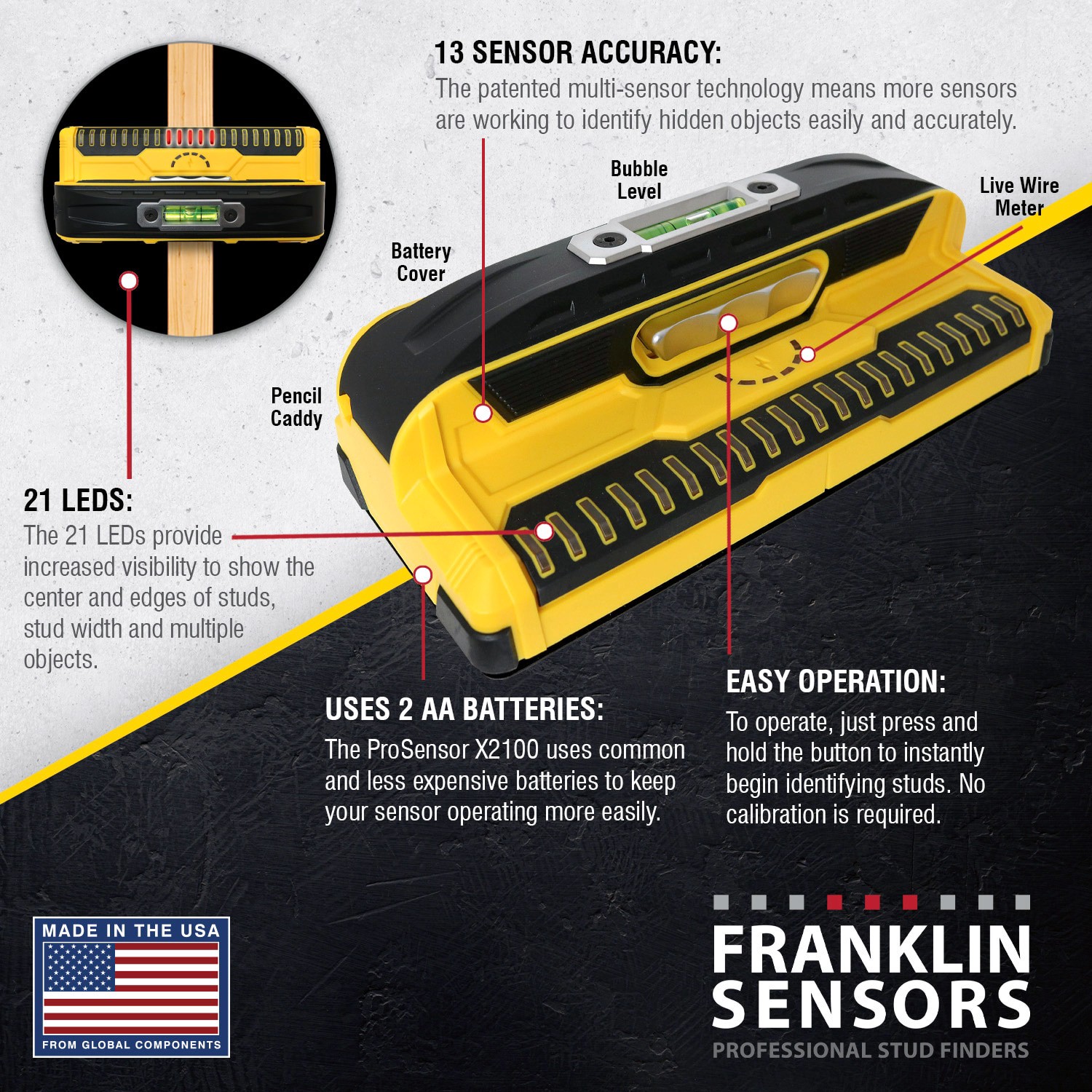 slide 3 of 6, Franklin Sensors X2100 1.7-in Scan Depth Electric/Metal/Wood Finder, 1 ct