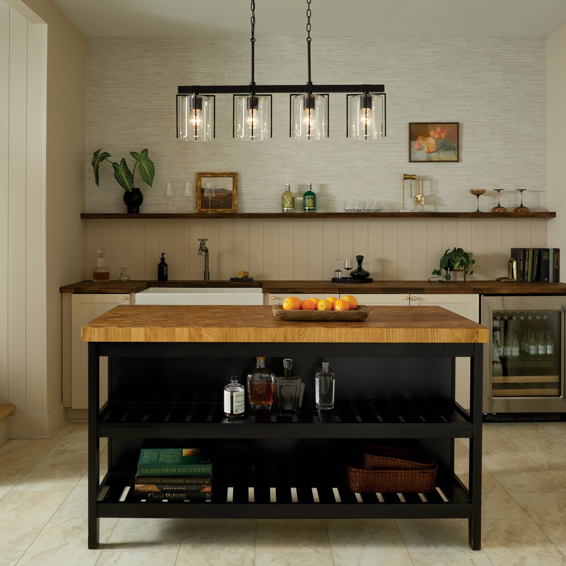 slide 2 of 6, Kichler Birk 4 -Light Matte Black Farmhouse Clear glass Linear Large Hanging Kitchen island light, 1 ct