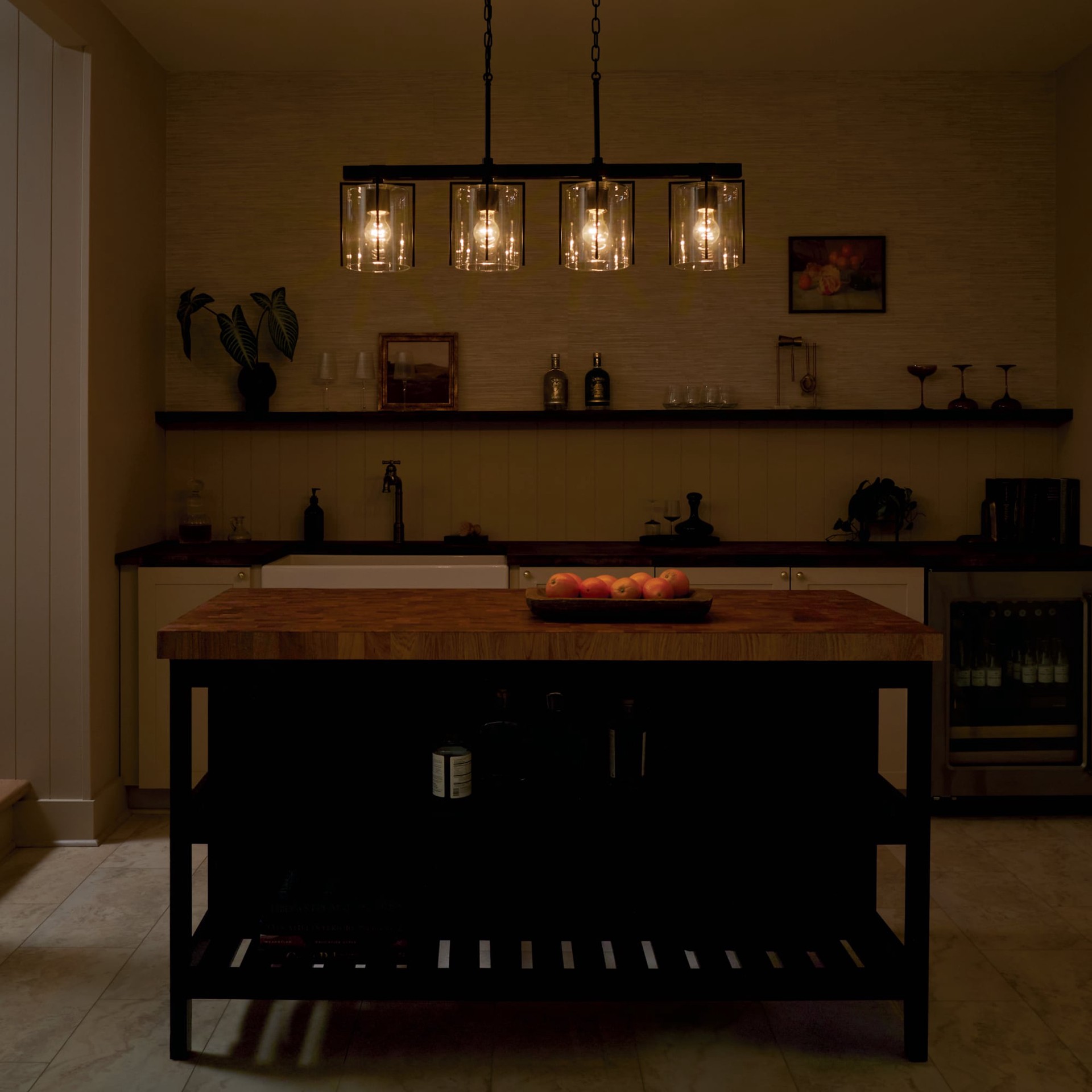 slide 3 of 6, Kichler Birk 4 -Light Matte Black Farmhouse Clear glass Linear Large Hanging Kitchen island light, 1 ct