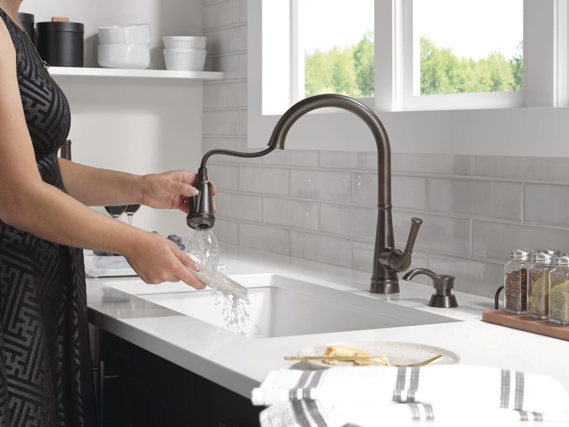 slide 3 of 6, Delta Alpen Venetian Bronze Single Handle Deck-mount Pull-down Kitchen Faucet with Sprayer (Includes Deck Plate) (Includes Soap Dispenser), 1 ct