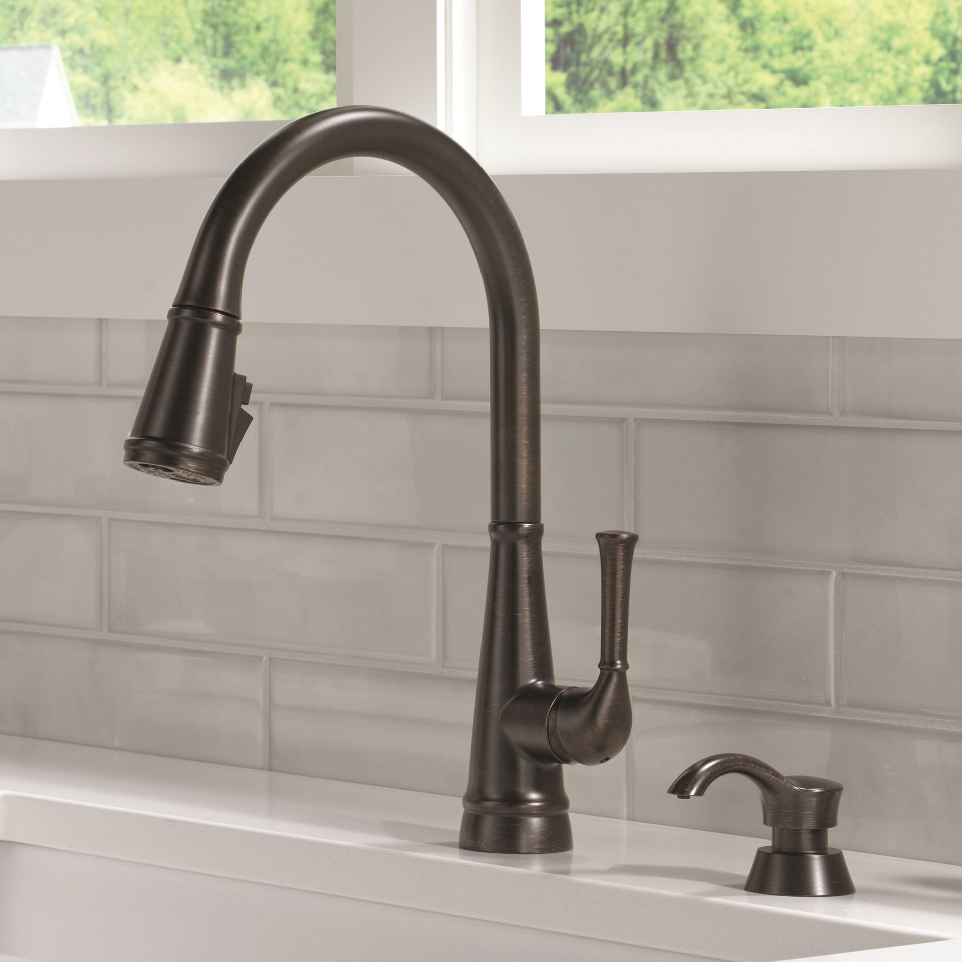 slide 1 of 6, Delta Alpen Venetian Bronze Single Handle Deck-mount Pull-down Kitchen Faucet with Sprayer (Includes Deck Plate) (Includes Soap Dispenser), 1 ct
