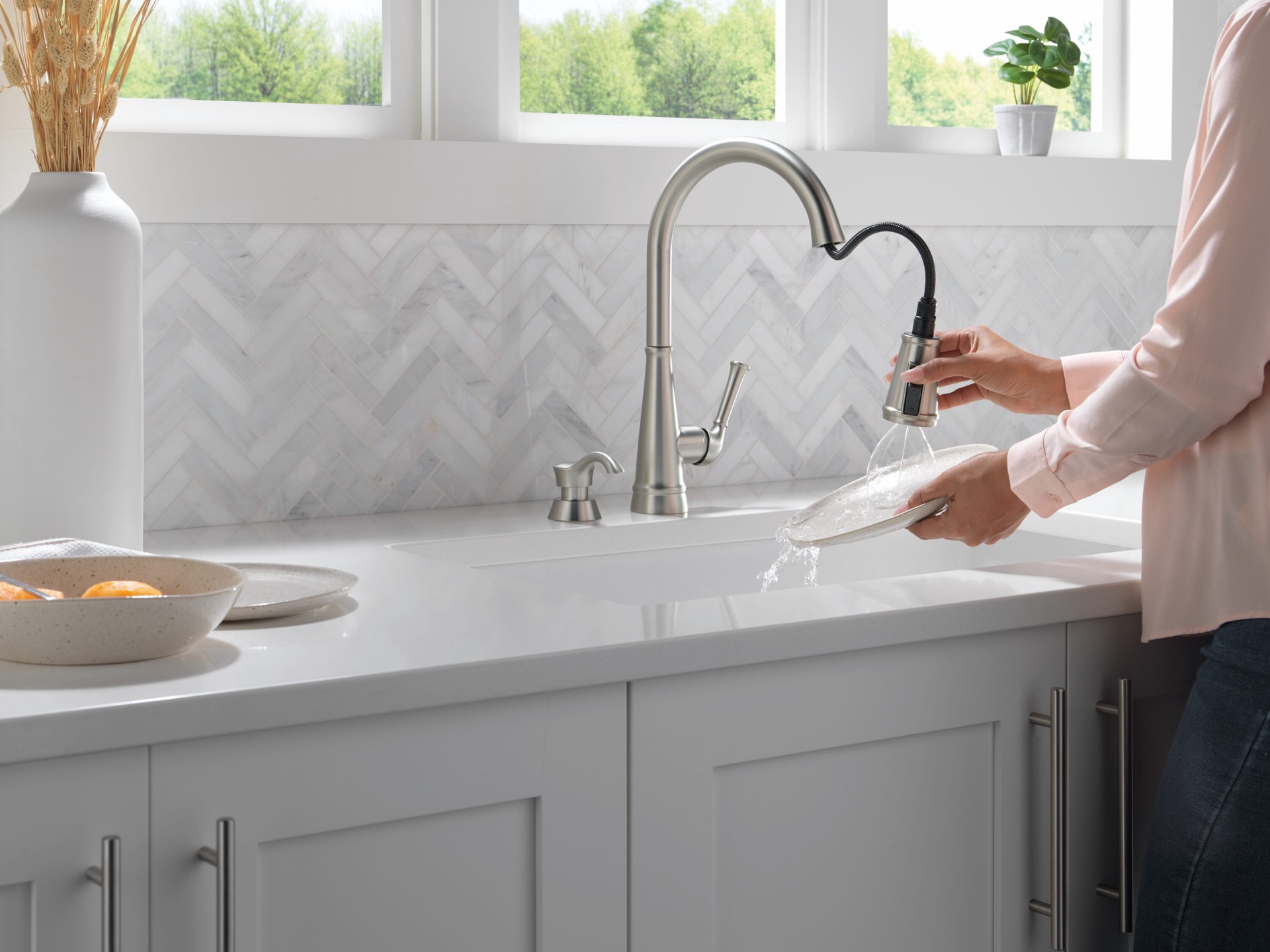 slide 3 of 6, Delta Alpen SpotShield Stainless Steel Single Handle Deck-mount Pull-down Kitchen Faucet with Sprayer (Includes Deck Plate) (Includes Soap Dispenser), 1 ct