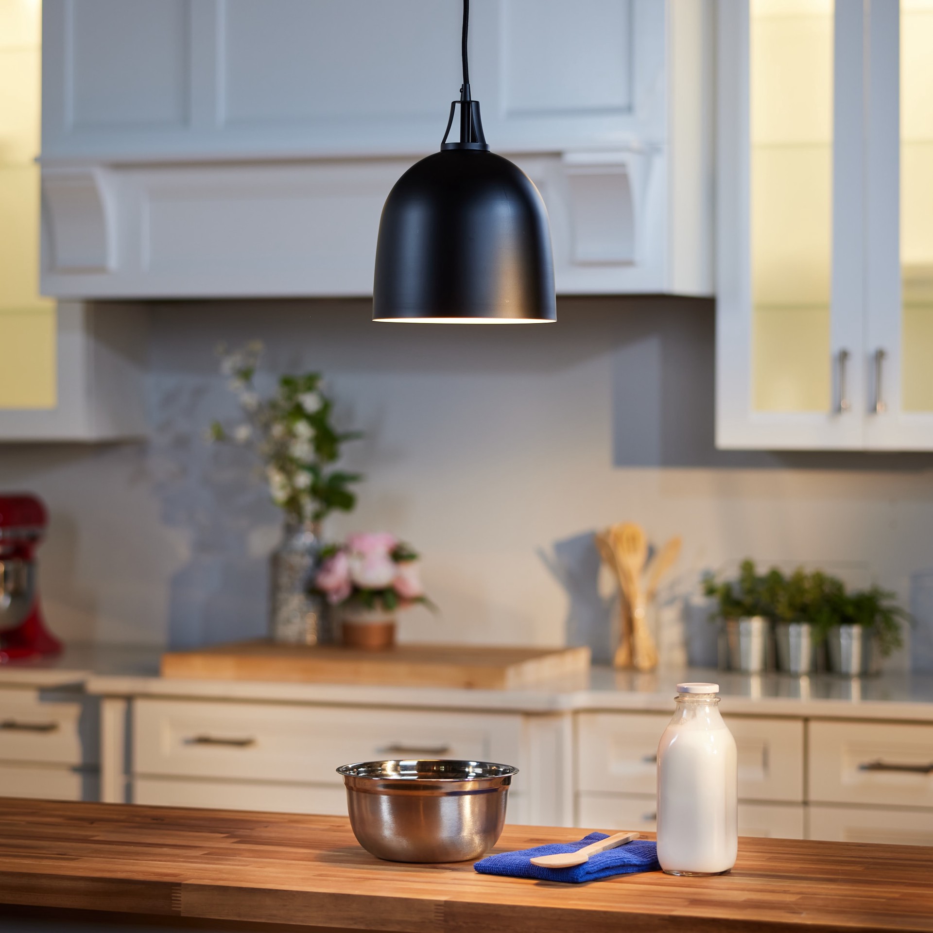 slide 1 of 2, allen + roth Brawley 1 -Light Matte black Transitional Dome Mini Hanging Pendant light, 1 ct