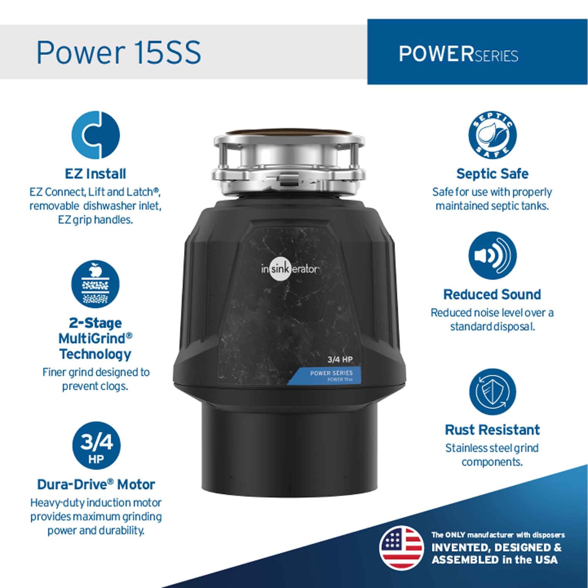 slide 2 of 6, InSinkErator Power 15SS Power Series Continuous feed 3/4-HP Septic Safe Non-corded Garbage Disposal, 1 ct