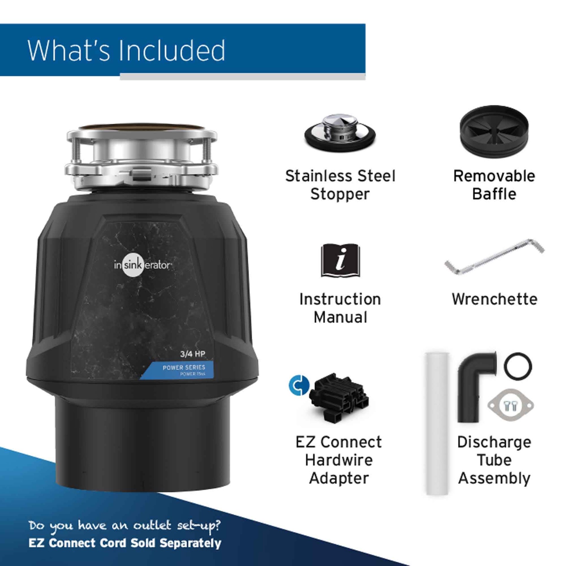 slide 6 of 6, InSinkErator Power 15SS Power Series Continuous feed 3/4-HP Septic Safe Non-corded Garbage Disposal, 1 ct
