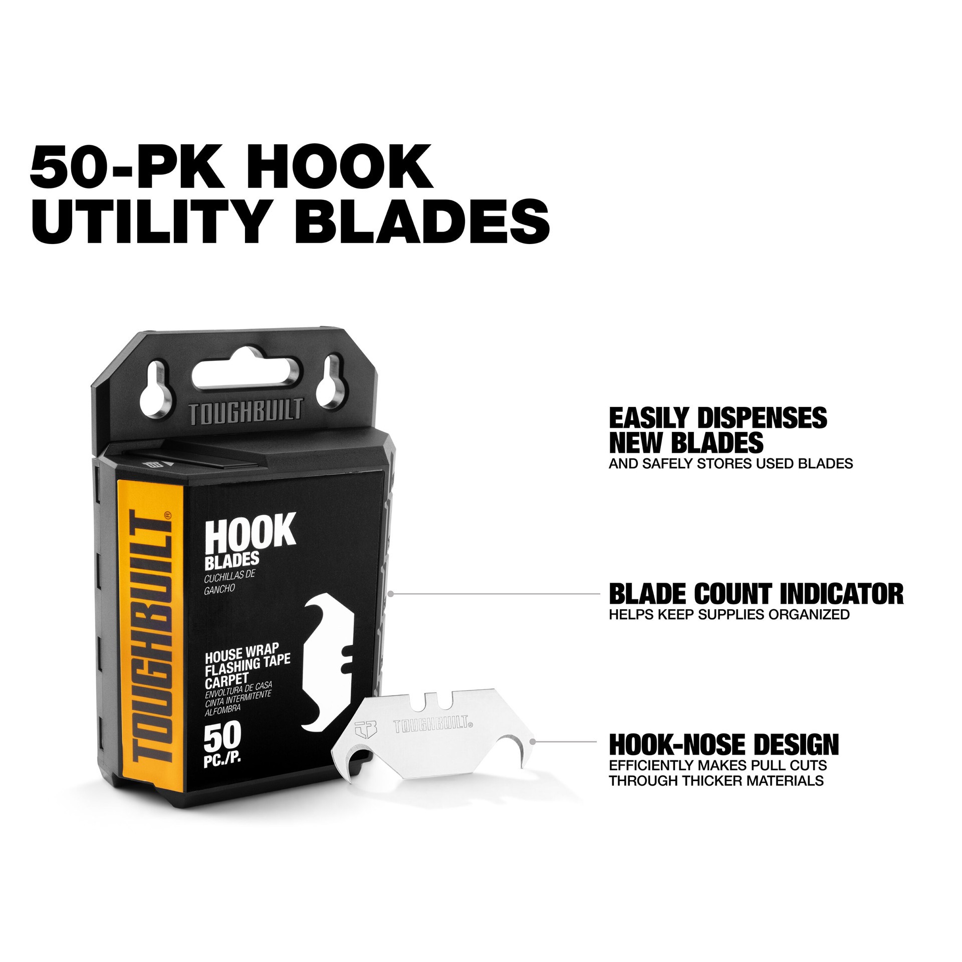 slide 2 of 6, TOUGHBUILT Hook Carbon steel Hook Utility Razor Blade ( 50 -Pack ), 1 ct