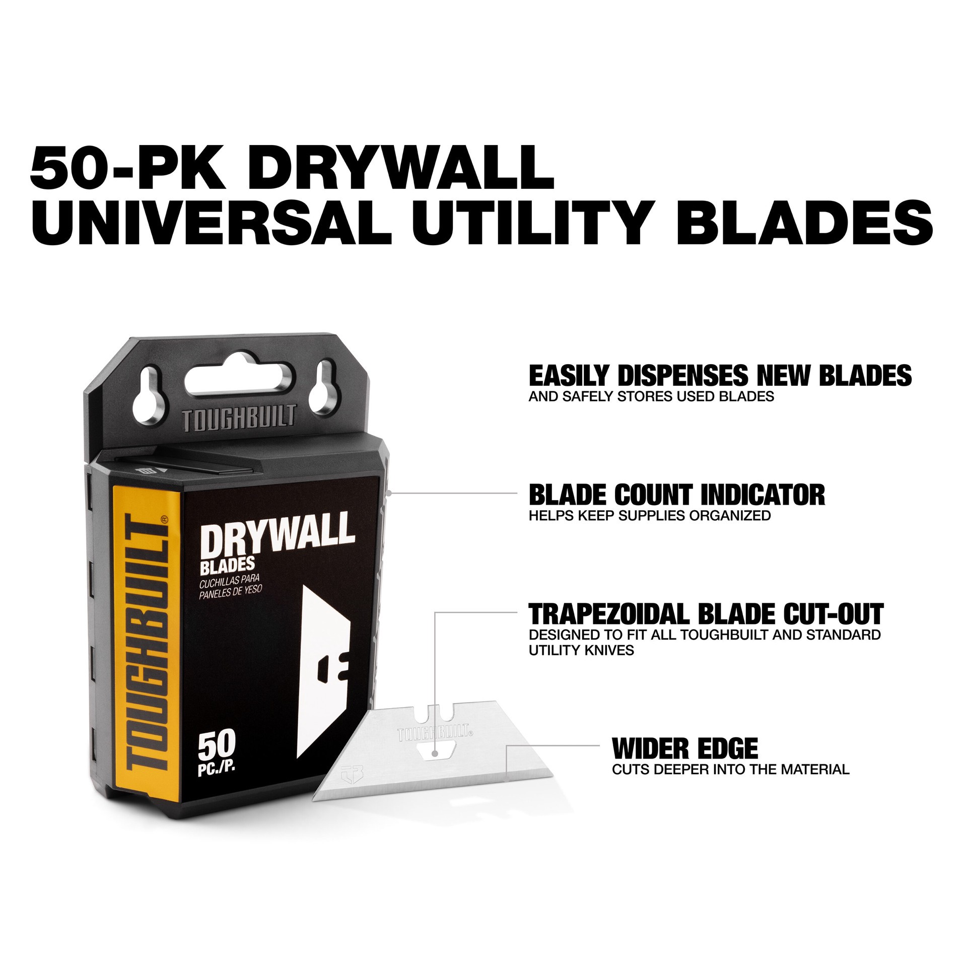 slide 2 of 6, TOUGHBUILT Drywall Carbon steel Utility Razor Blade ( 50 -Pack ), 1 ct