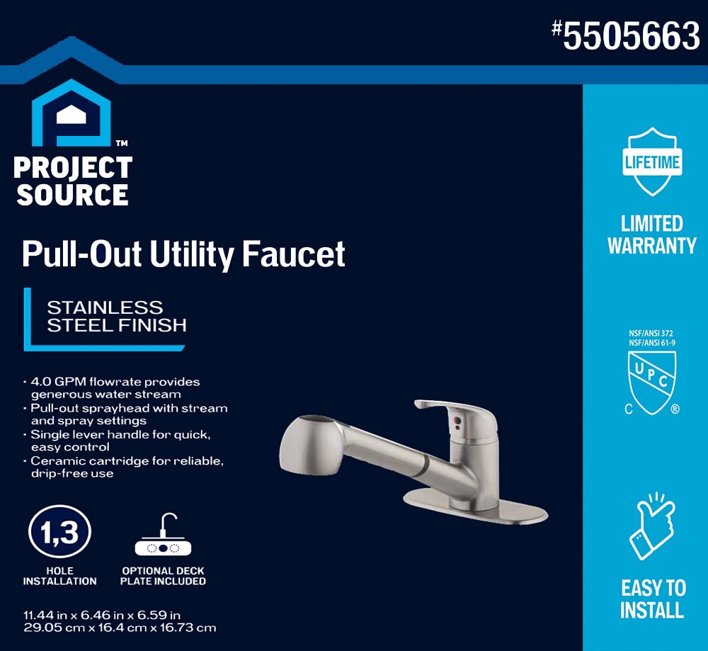 slide 2 of 6, Project Source Stainless Steel 1-handle Deck-mount Utility Faucet with Pulldown Sprayer, 1 ct