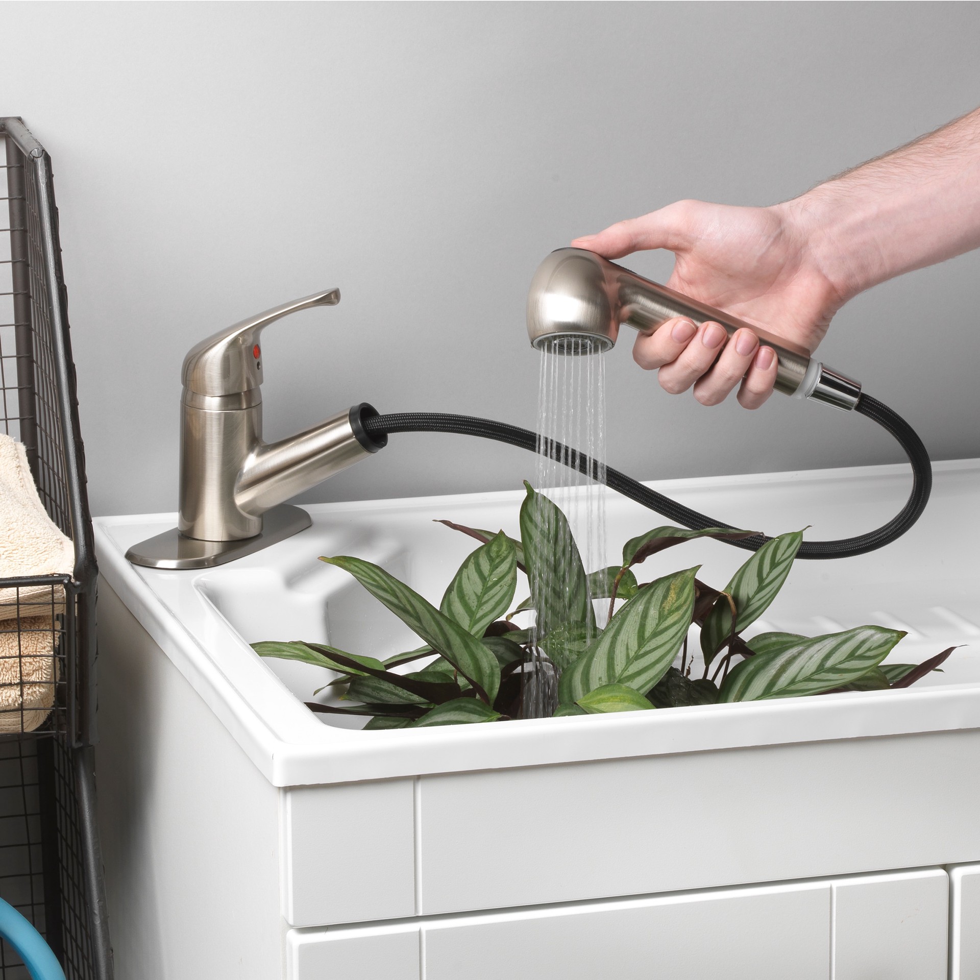 slide 6 of 6, Project Source Stainless Steel 1-handle Deck-mount Utility Faucet with Pulldown Sprayer, 1 ct