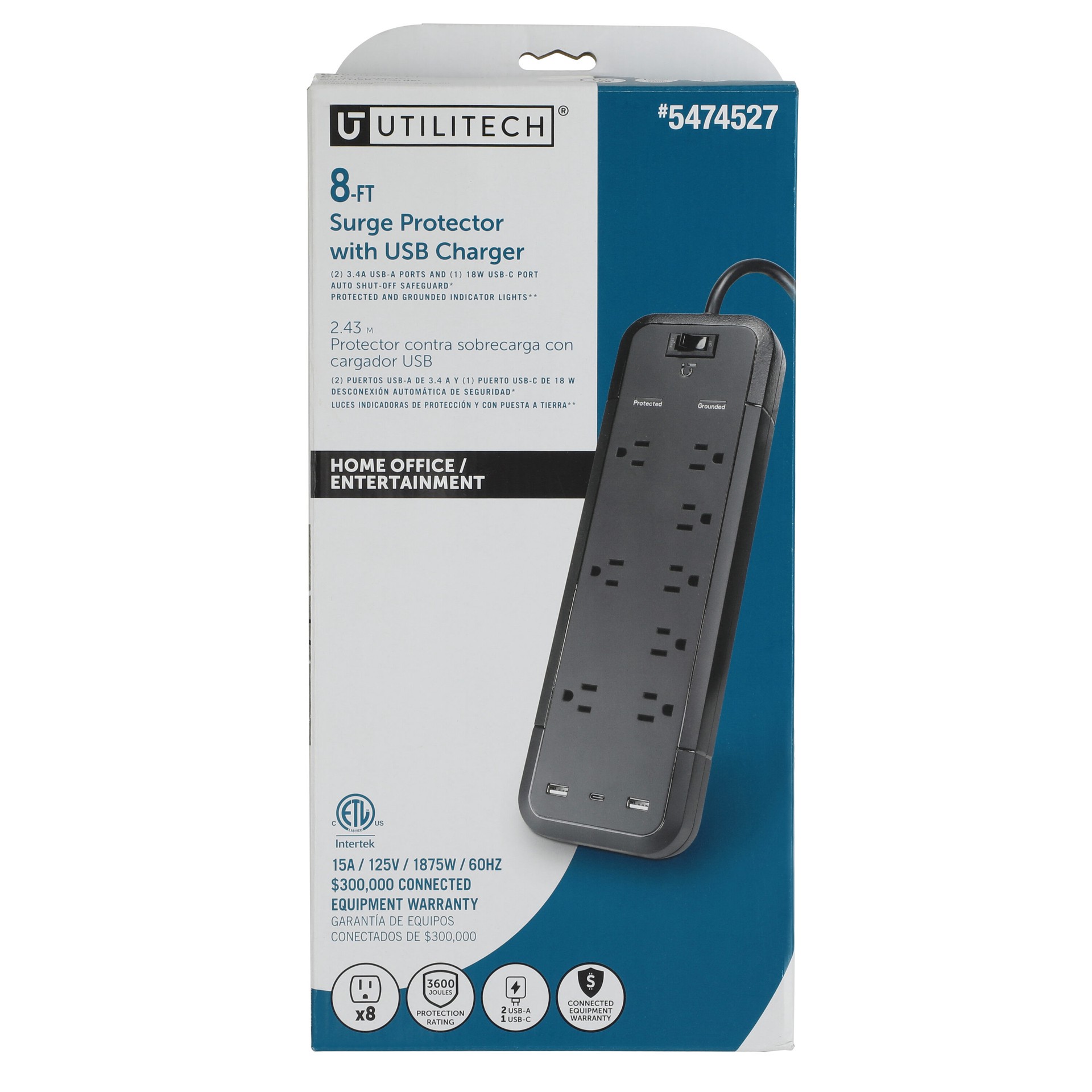slide 1 of 5, Utilitech 8-ft Surge 8 -Outlet 3600 Joules 1875 -Watts 1000VA Black Indoor USB AC Surge Protector, 1 ct