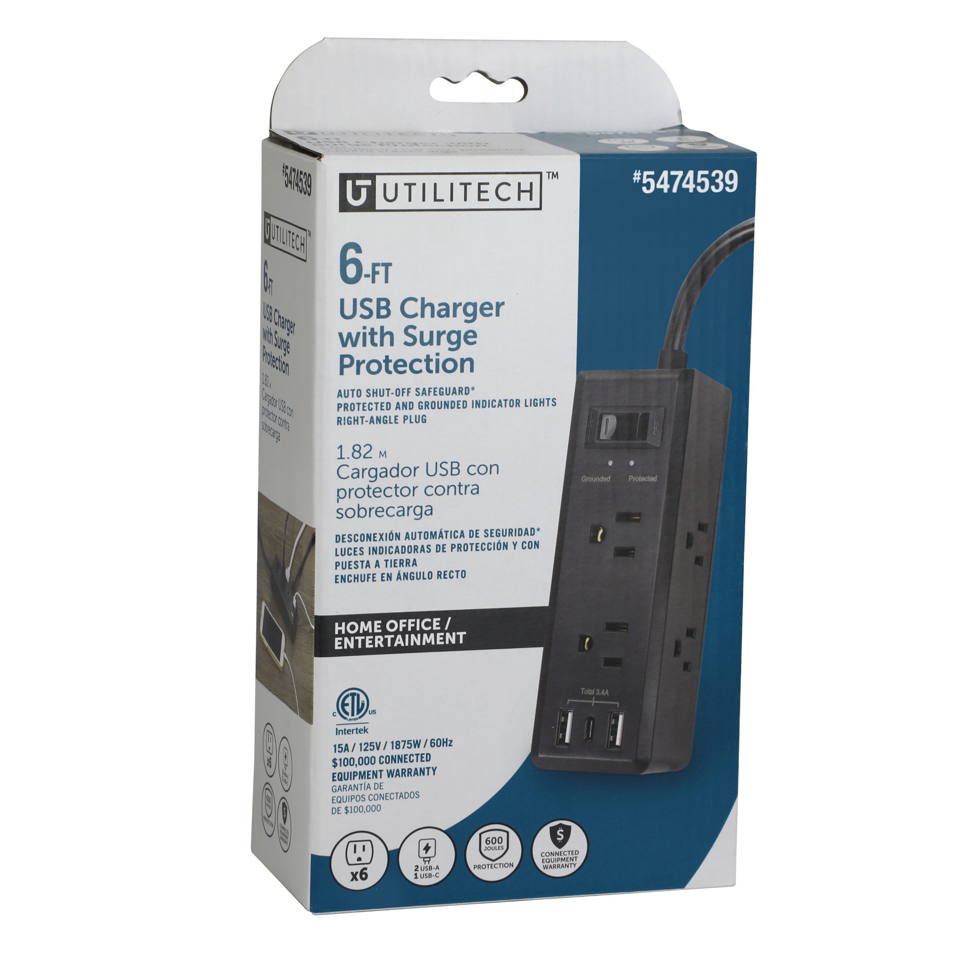 slide 2 of 5, Utilitech 6-ft Surge Protection 6 -Outlet 600 Joules 1875 -Watts 1100VA Black Indoor USB AC Surge Protector, 1 ct