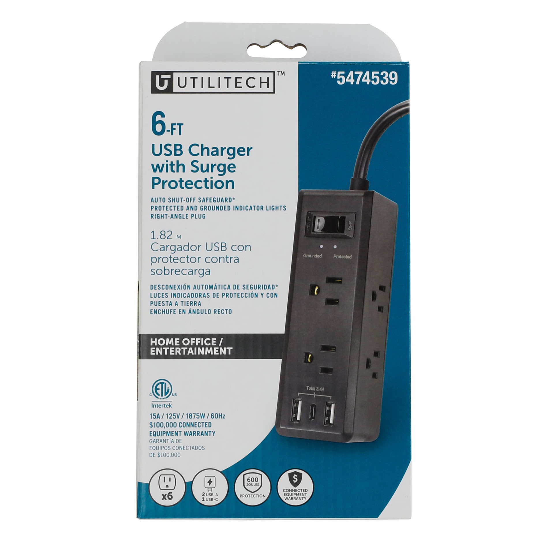 slide 1 of 5, Utilitech 6-ft Surge Protection 6 -Outlet 600 Joules 1875 -Watts 1100VA Black Indoor USB AC Surge Protector, 1 ct
