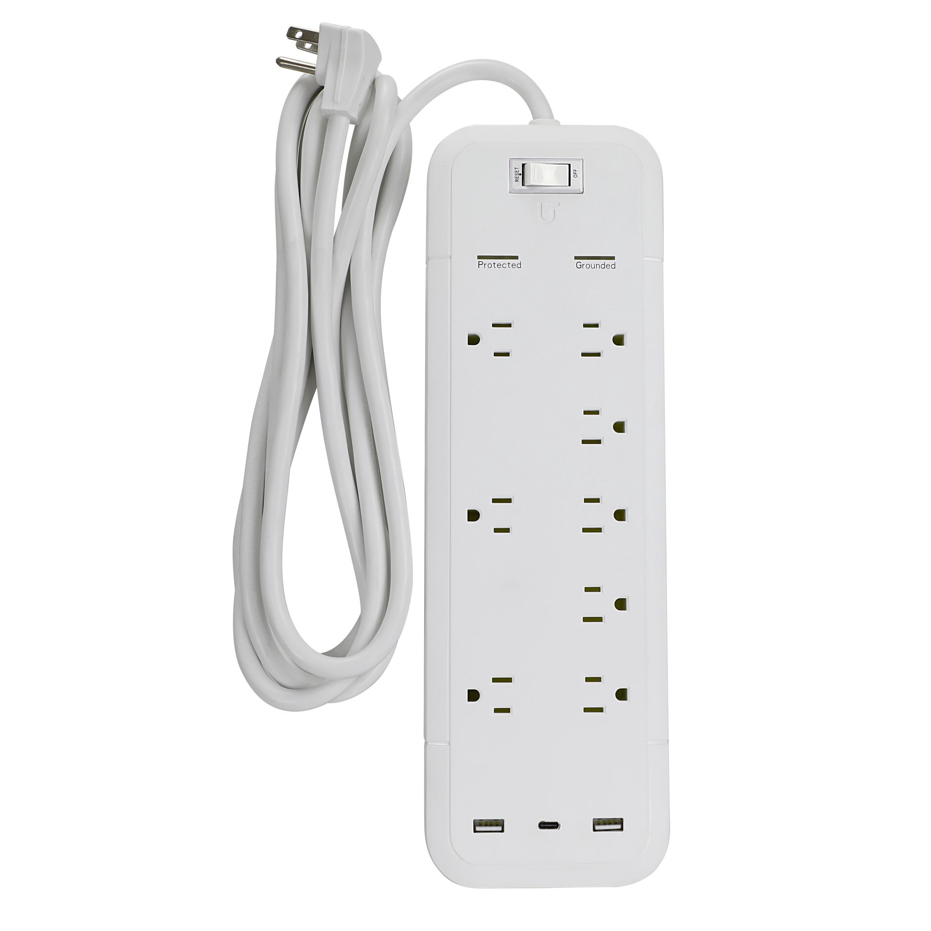 slide 2 of 5, Utilitech 12-ft Surge Protection 8 -Outlet 3600 Joules 1875 -Watts 1100VA White Indoor USB AC Surge Protector, 1 ct