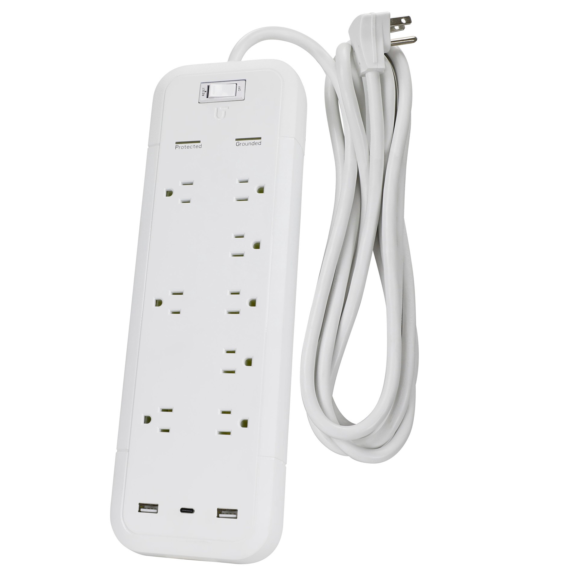 slide 3 of 5, Utilitech 12-ft Surge Protection 8 -Outlet 3600 Joules 1875 -Watts 1100VA White Indoor USB AC Surge Protector, 1 ct