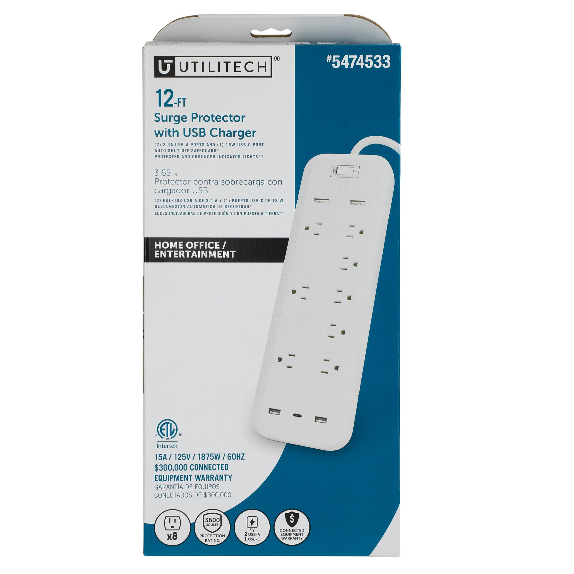 slide 1 of 5, Utilitech 12-ft Surge Protection 8 -Outlet 3600 Joules 1875 -Watts 1100VA White Indoor USB AC Surge Protector, 1 ct