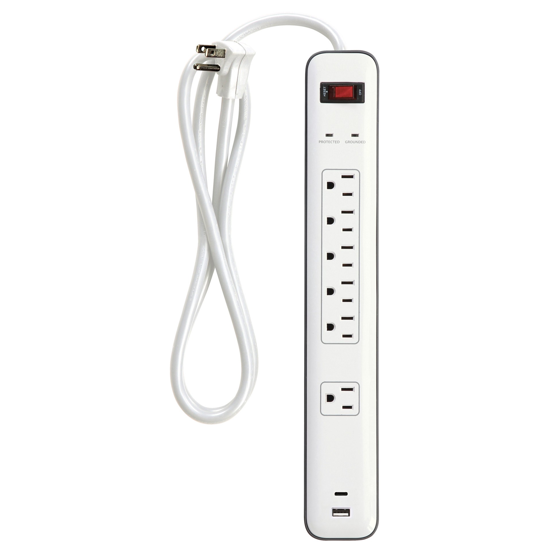 slide 2 of 4, Utilitech 4-ft Surge Protection 6 -Outlet 1800 Joules 1875 -Watts 1100VA White Indoor USB AC Surge Protector, 1 ct
