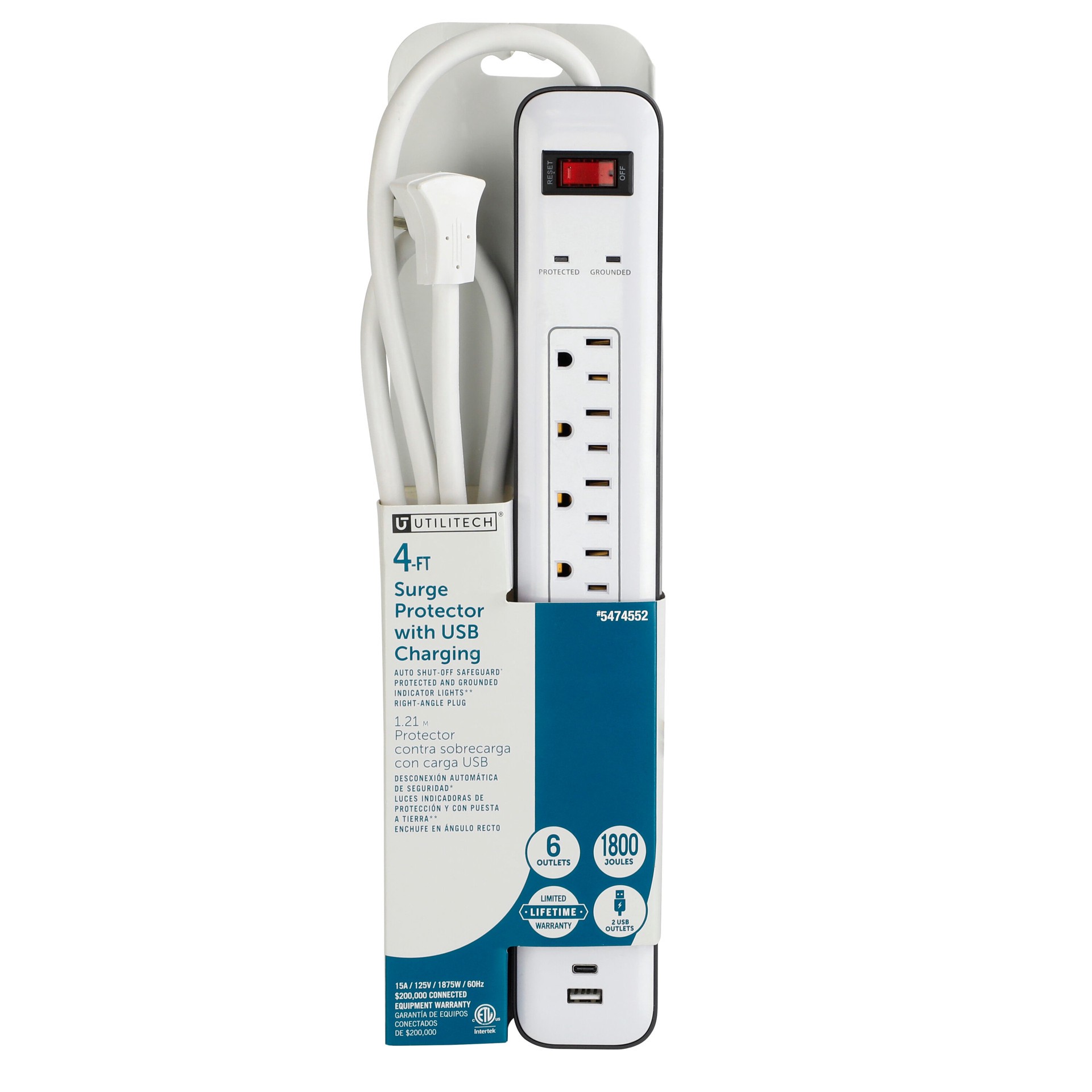 slide 1 of 4, Utilitech 4-ft Surge Protection 6 -Outlet 1800 Joules 1875 -Watts 1100VA White Indoor USB AC Surge Protector, 1 ct