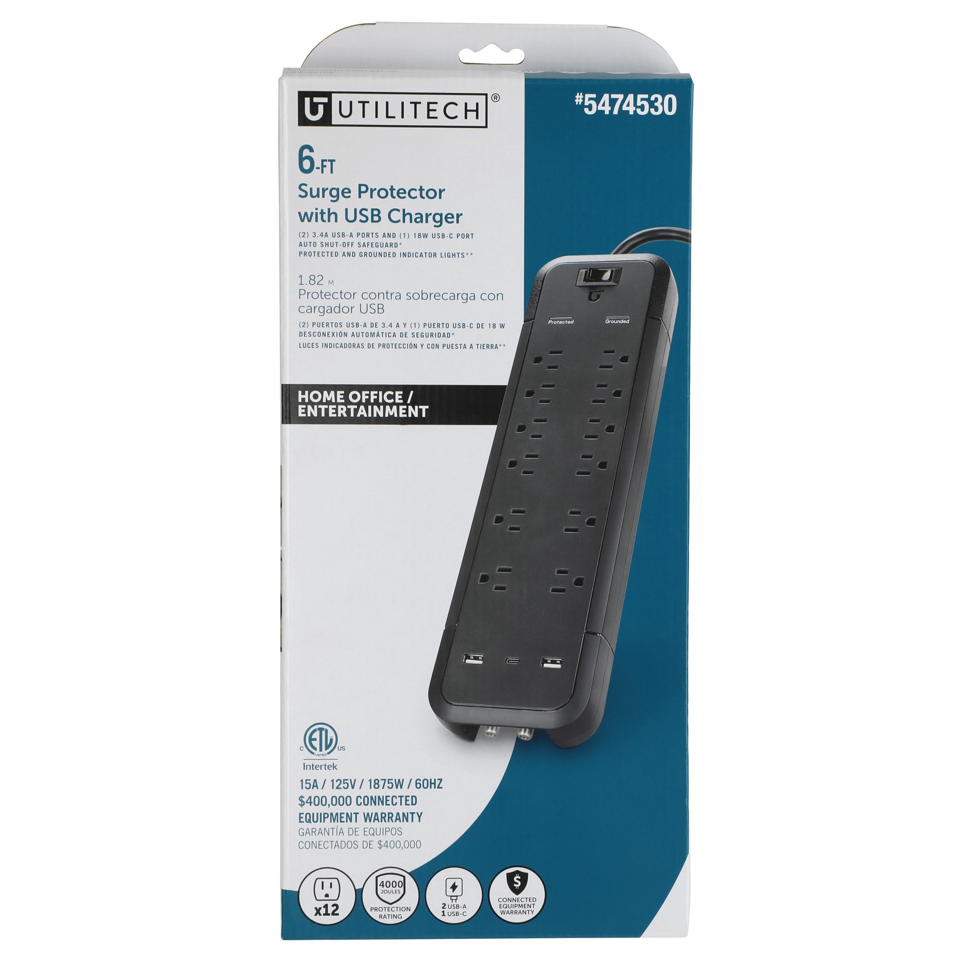 slide 1 of 5, Utilitech 6-ft Surge Protection 12 -Outlet 4000 Joules 1875 -Watts 1100VA Black Indoor USB AC Surge Protector, 1 ct