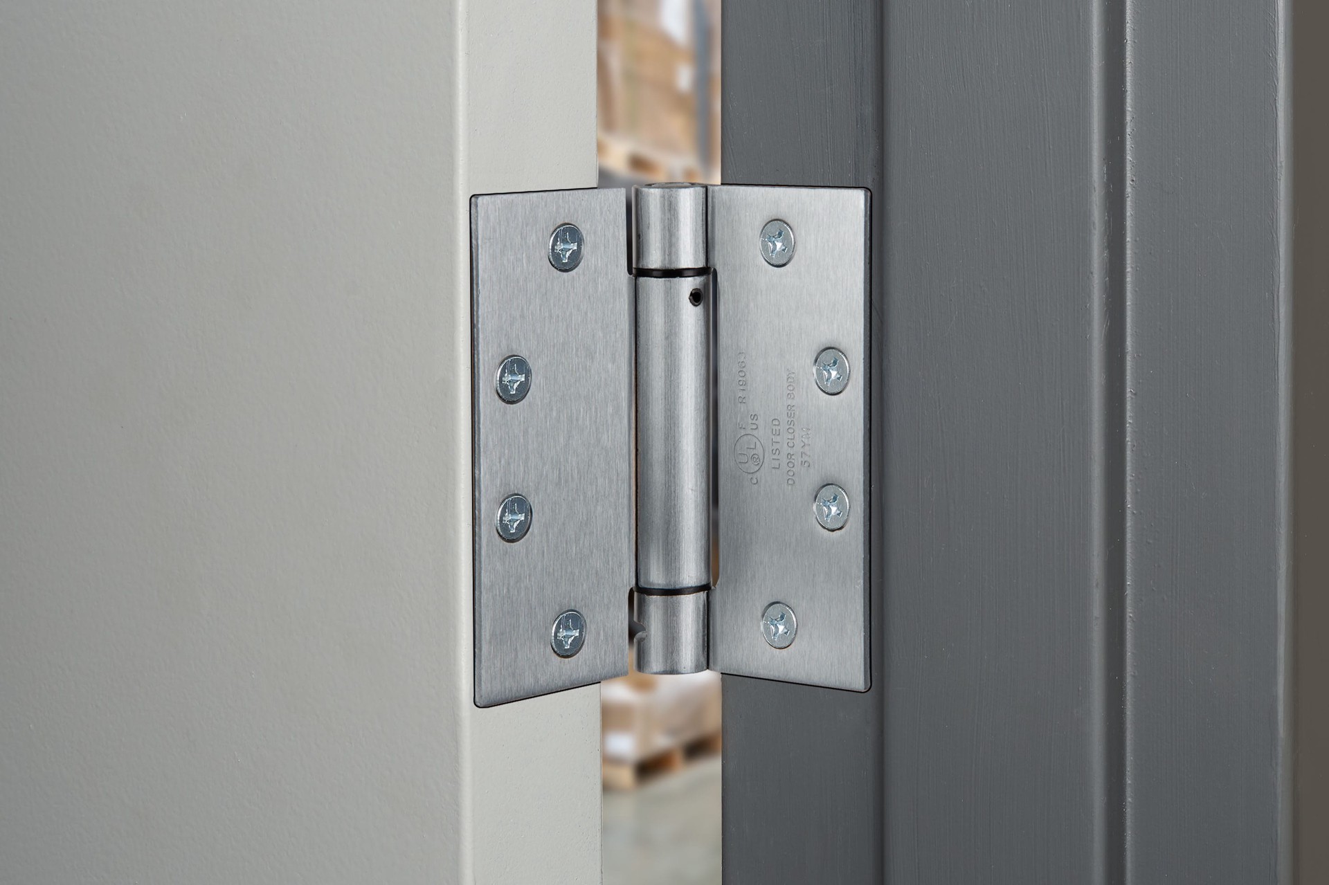 slide 4 of 6, BRINKS COMMERCIAL Industrial Duty 4-1/2-in H Square Satin Chrome Self closing Interior/Exterior Door Hinge 3 -Pack, 1 ct