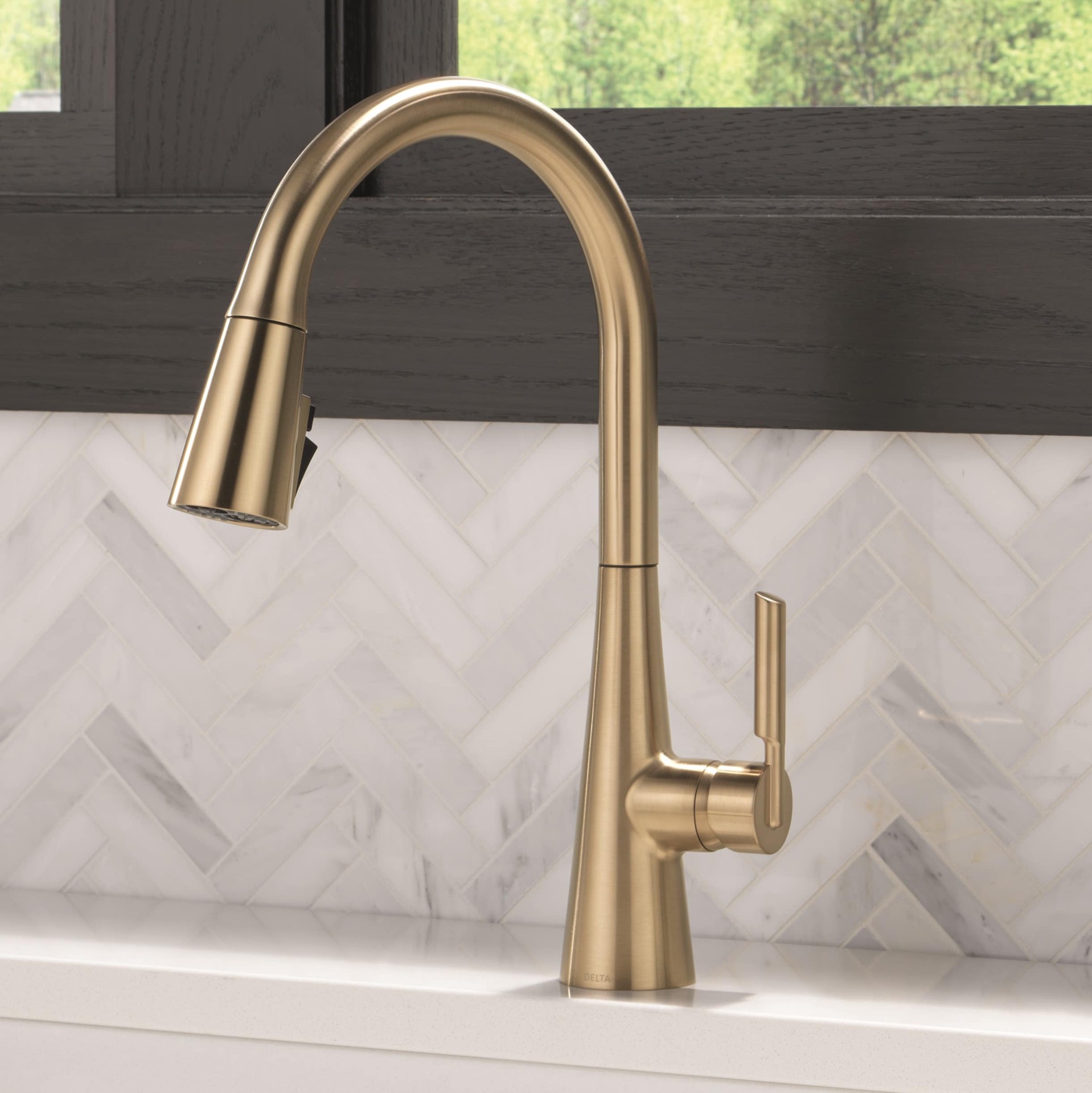 slide 1 of 6, Delta Kylo Gold Champagne Bronze Single Handle Deck-mount Pull-down Kitchen Faucet with Sprayer (Includes Deck Plate), 1 ct