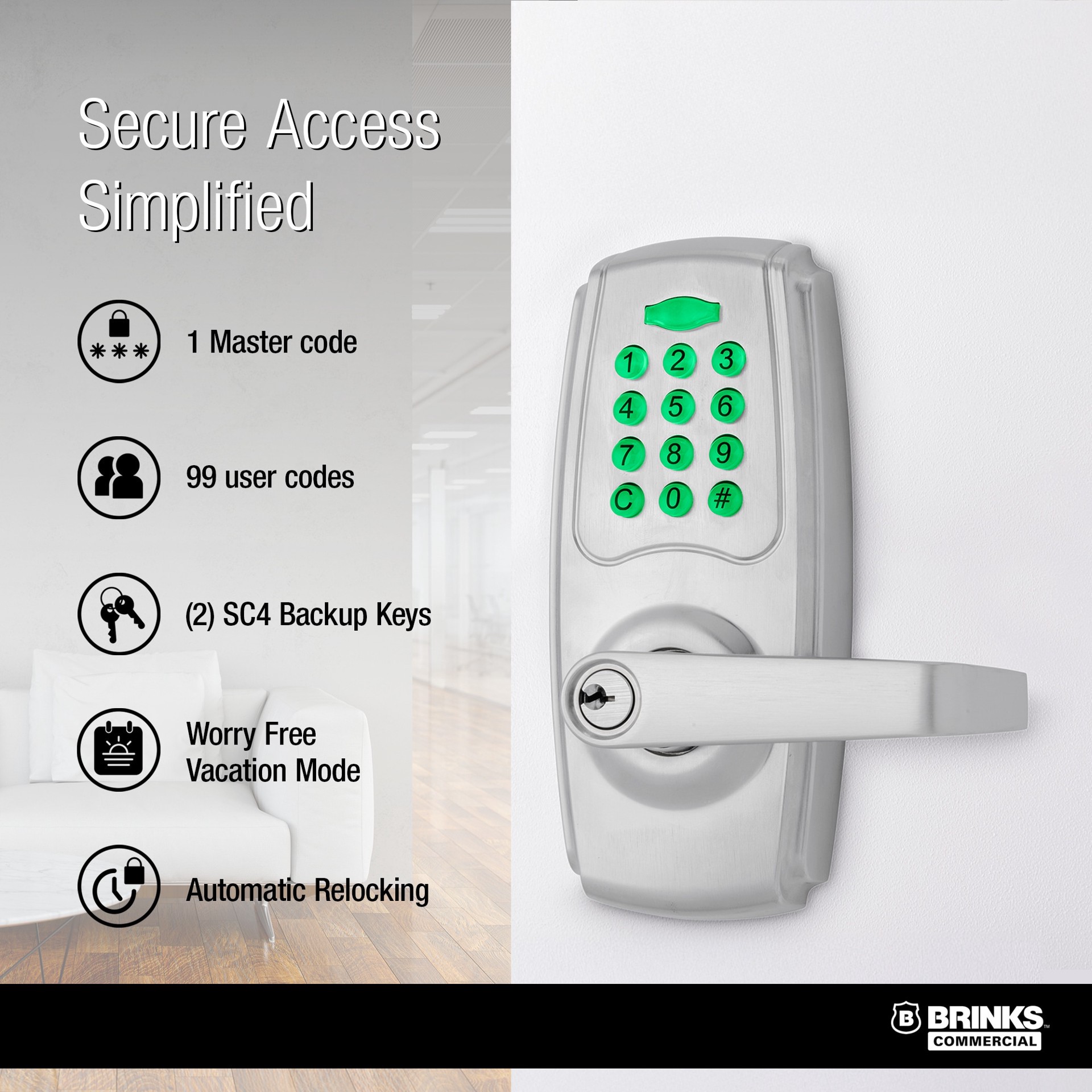 slide 4 of 6, BRINKS COMMERCIAL Keyless Entry Door Lock Satin Chrome Keypad Electronic Handle Lock, 1 ct