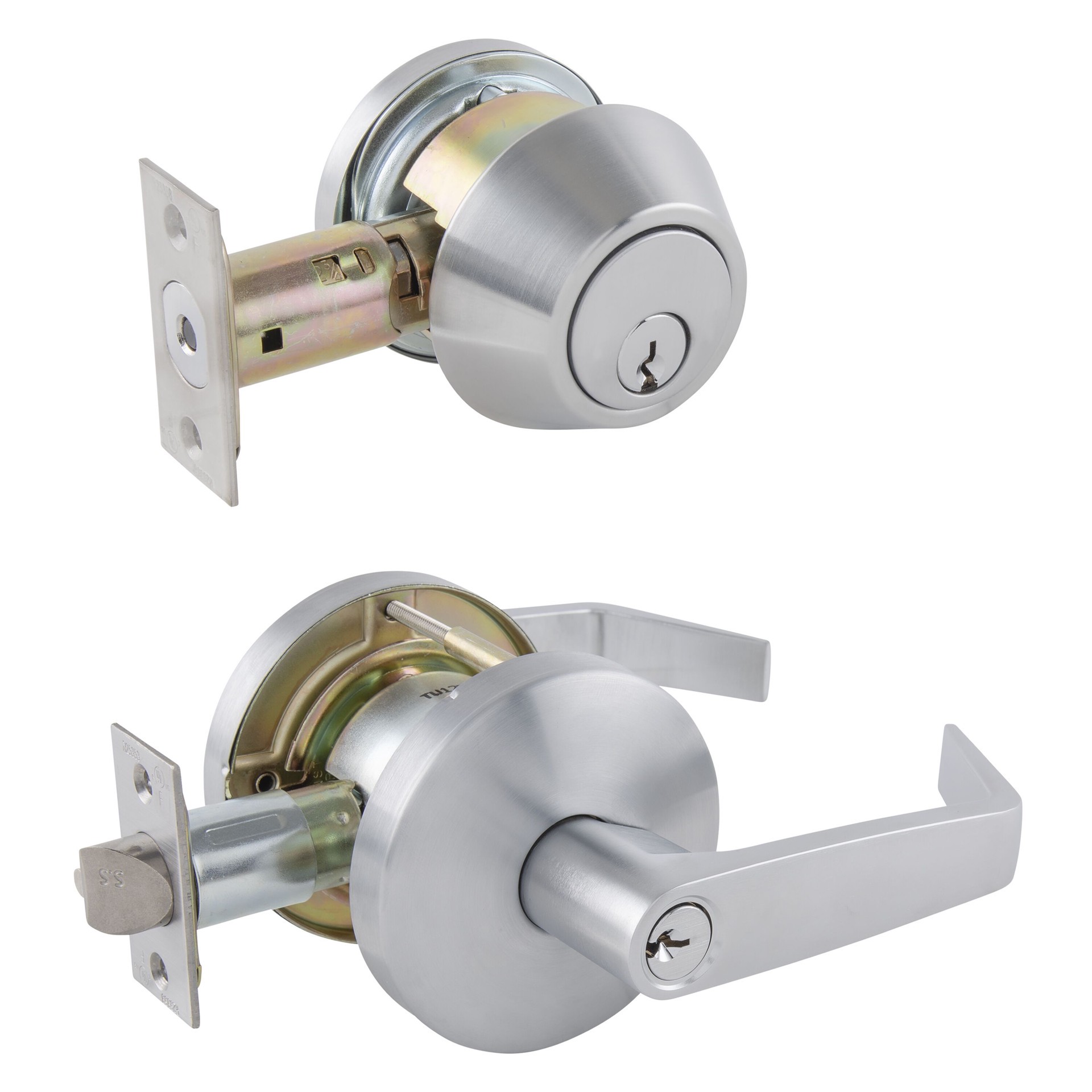 slide 3 of 6, BRINKS COMMERCIAL Heavy Duty Commercial Lever Satin Chrome Single-Cylinder Exterior Keyed Entry Door Handle Combo Pack 2 -Pack, 1 ct