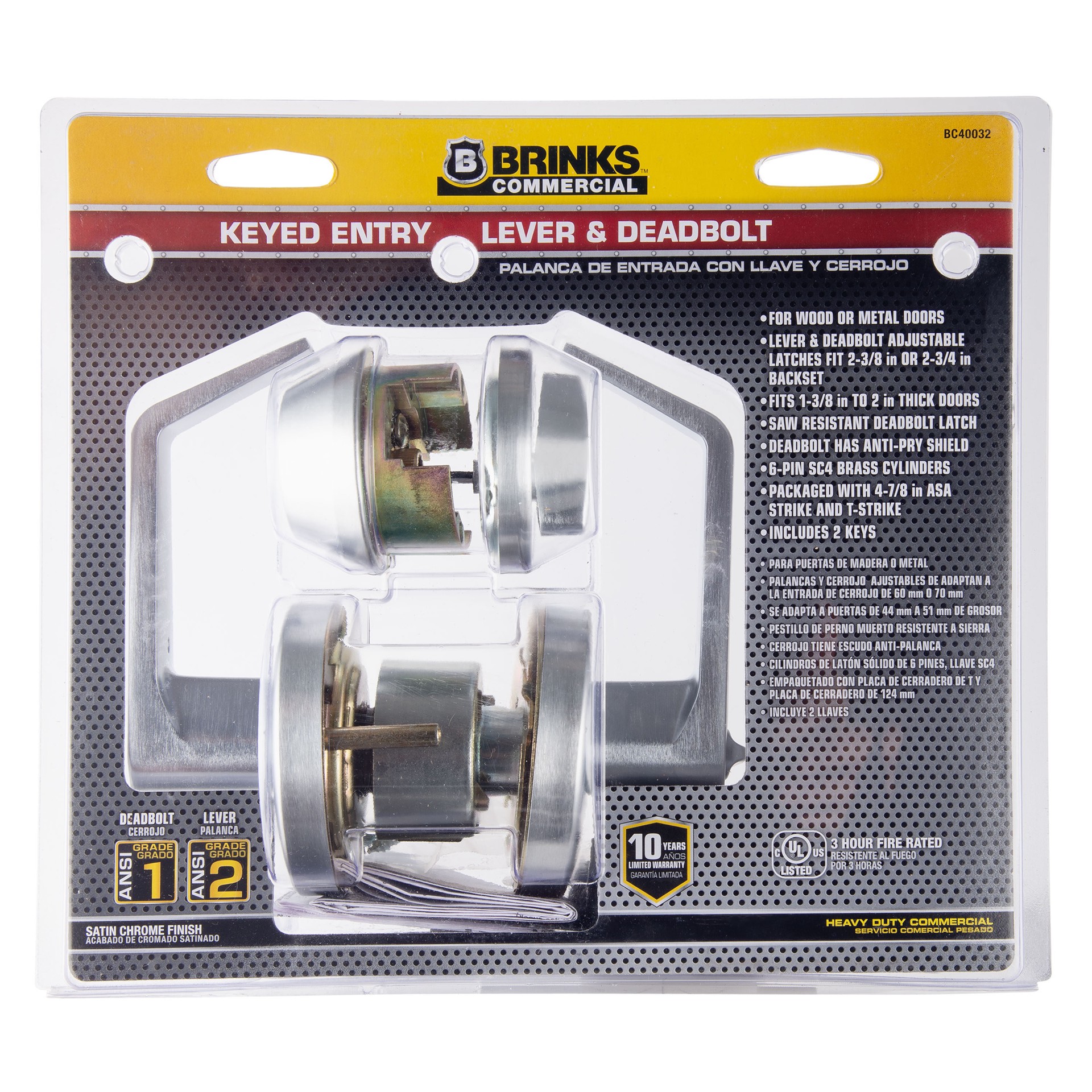 slide 1 of 6, BRINKS COMMERCIAL Heavy Duty Commercial Lever Satin Chrome Single-Cylinder Exterior Keyed Entry Door Handle Combo Pack 2 -Pack, 1 ct